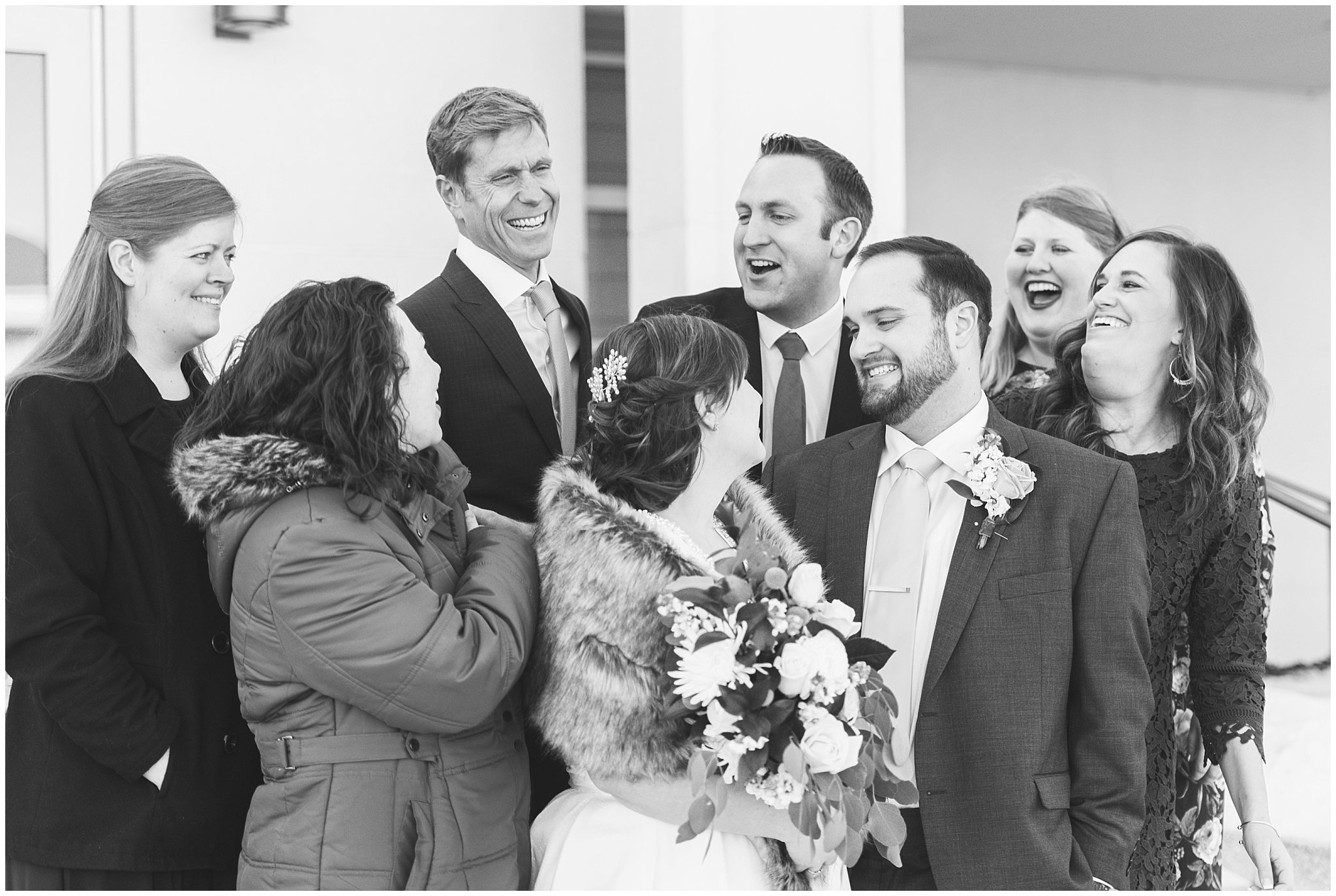 Bride and groom laughing with friends | Ogden Temple Wedding | Jessie and Dallin Photography