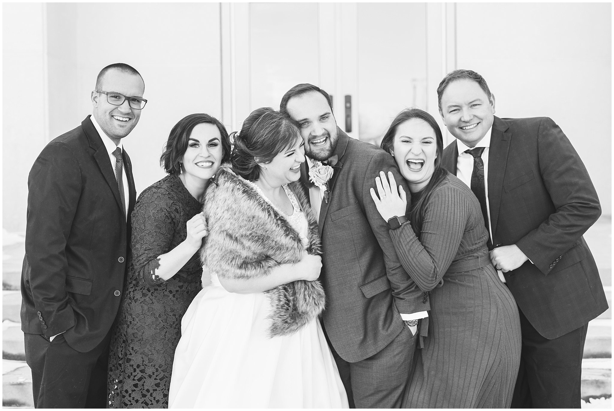 Bride and groom laughing with siblings | Ogden Temple Wedding | Jessie and Dallin Photography