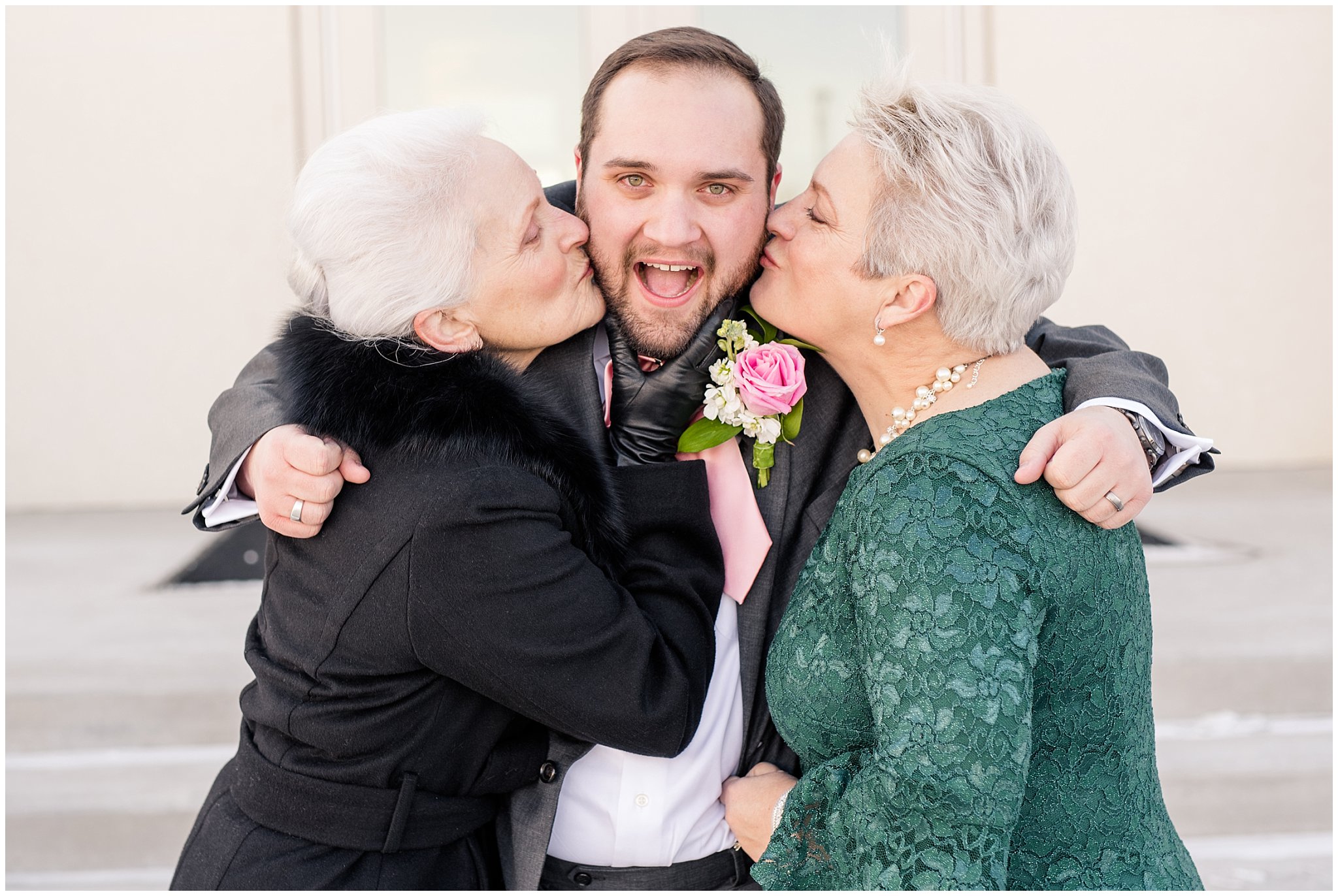 Mom and grandma kiss groom's cheeks | Ogden Temple Wedding | Jessie and Dallin Photography