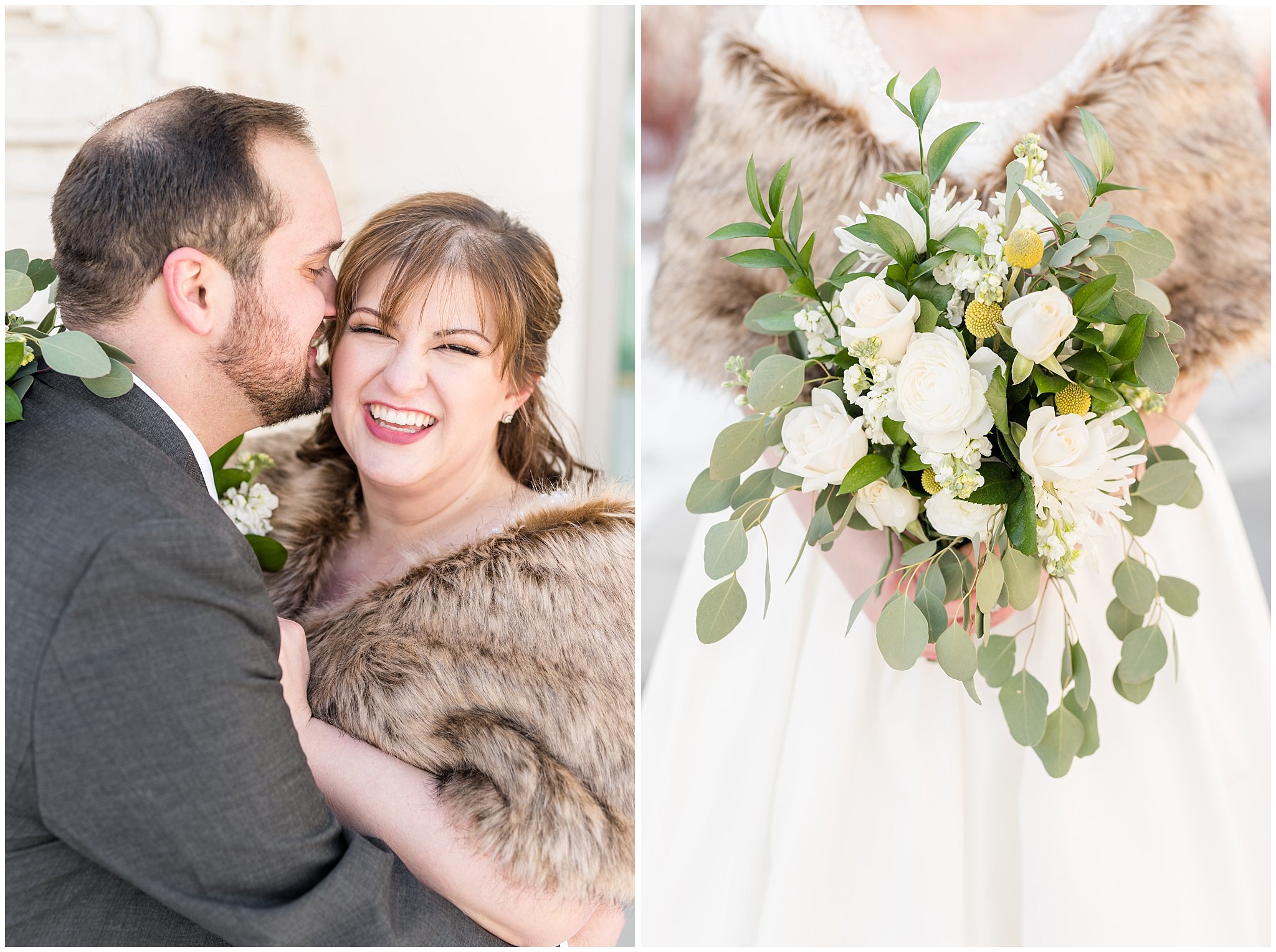 Bride laughing and bouquet detail shot | Ogden Temple Wedding | Jessie and Dallin Photography