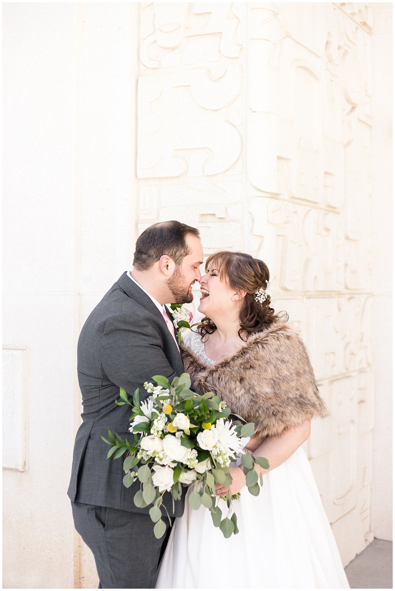 Bride and groom laughing during portraits | Ogden Temple Wedding | Jessie and Dallin Photography