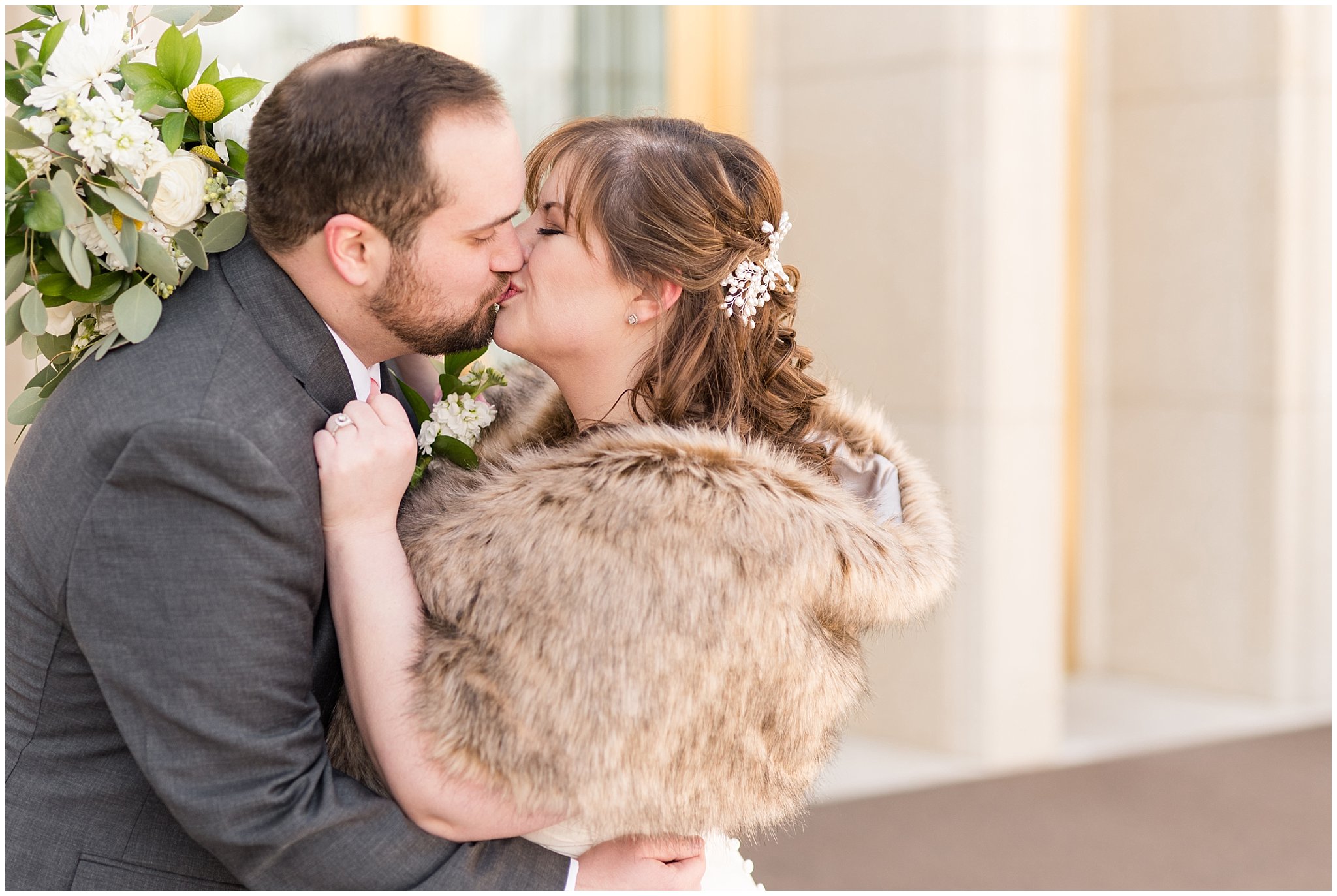 Bride and groom kiss in front of the temple | Ogden Temple Wedding | Jessie and Dallin Photography