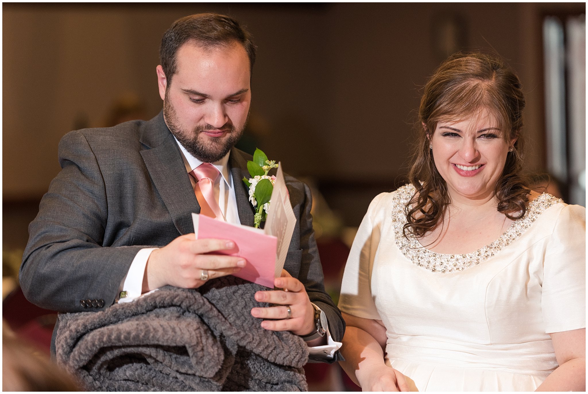 Bride and groom opening gifts | Ogden Temple Wedding | Jessie and Dallin Photography
