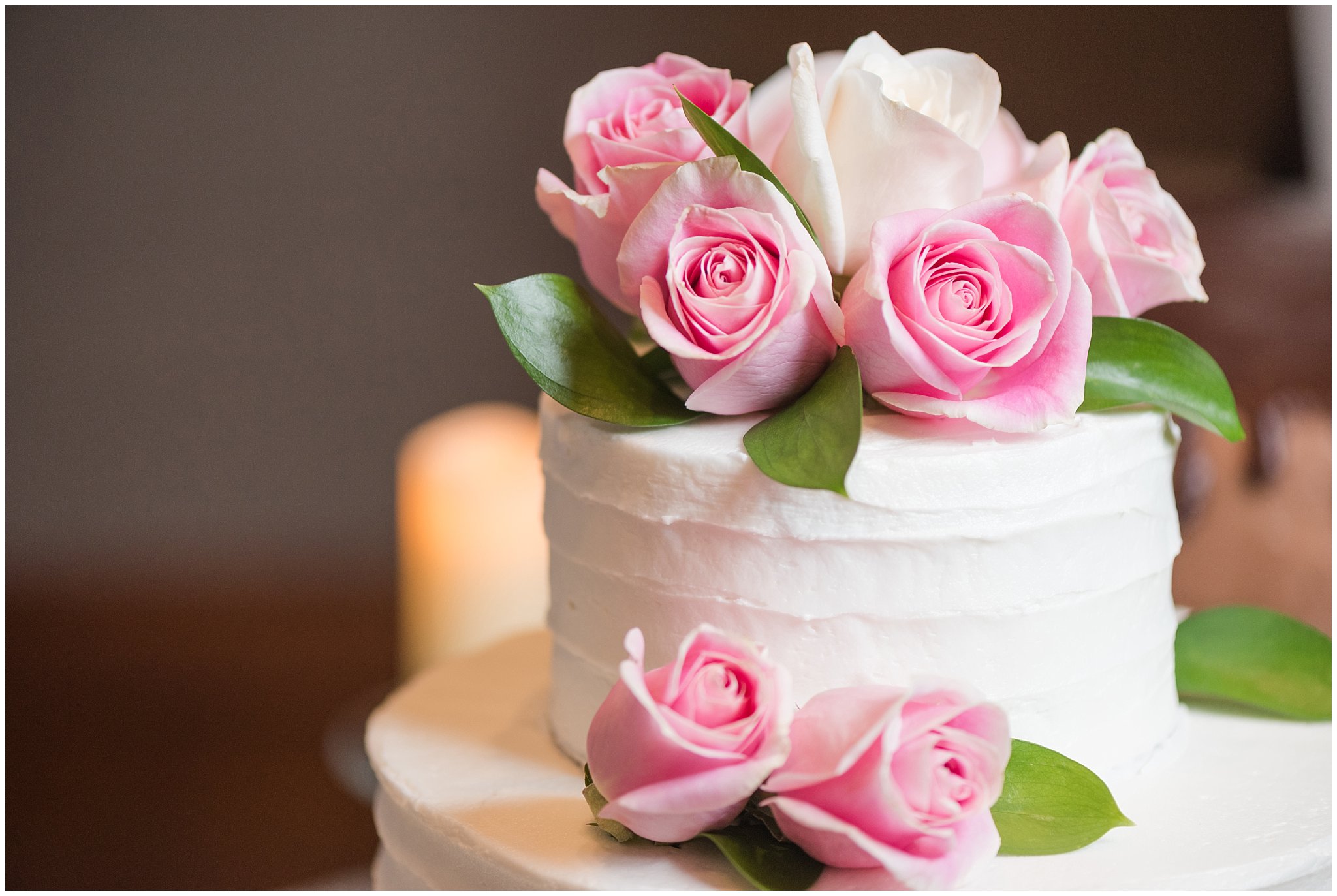 White wedding cake with pink roses | Ogden Temple Wedding | Jessie and Dallin Photography