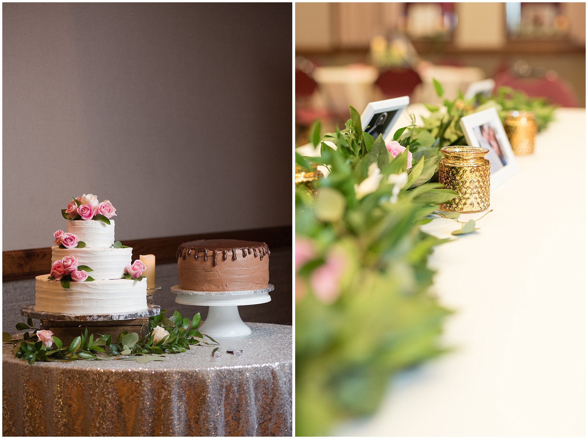 Wedding cakes and table centerpiece | Ogden Temple Wedding | Jessie and Dallin Photography