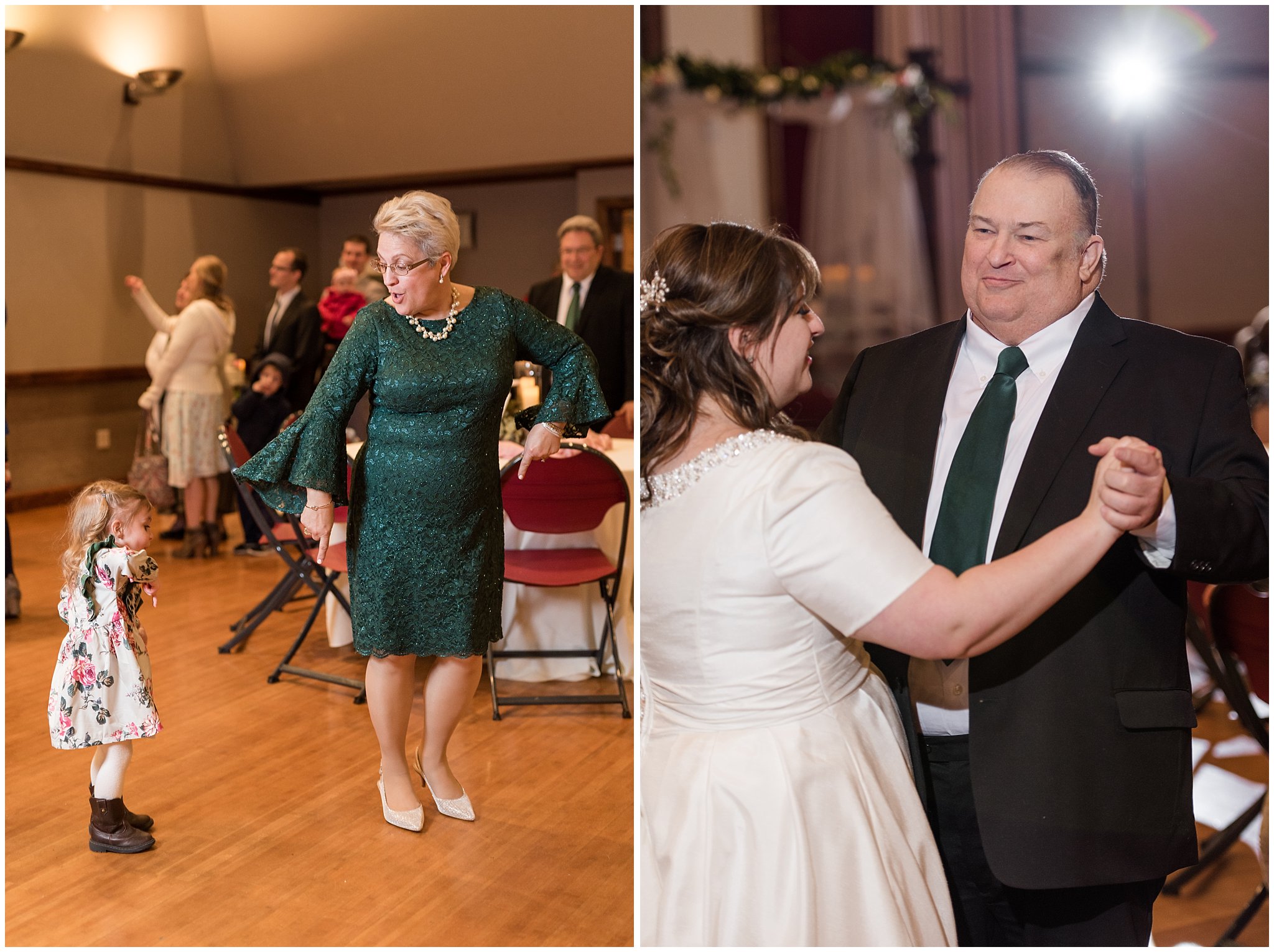 Grandma dancing with grand-daughter and daddy daughter dance | Ogden Temple Wedding | Jessie and Dallin Photography