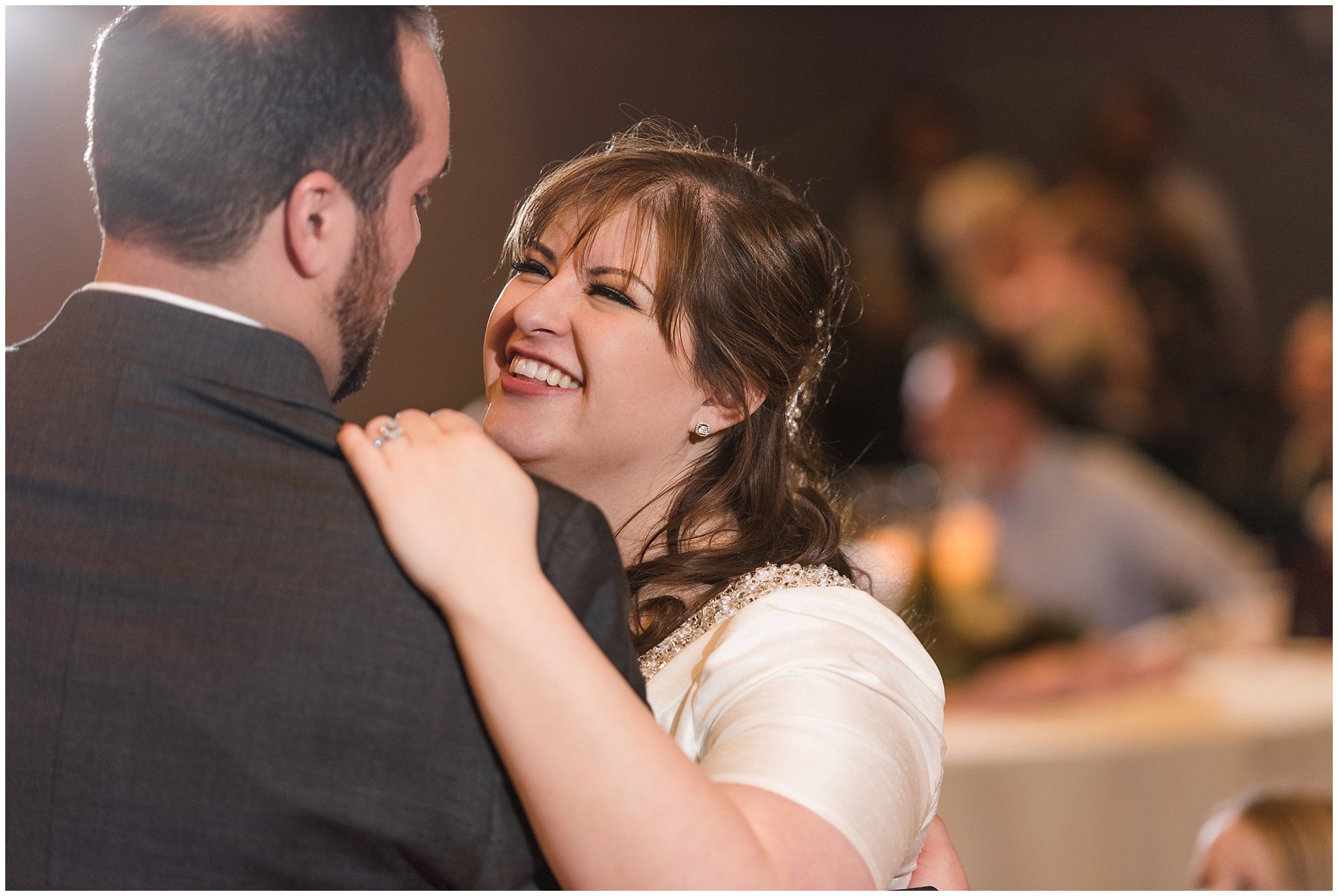 Bride smiling at groom during Bride and groom first dance | Ogden Temple Wedding | Jessie and Dallin Photography