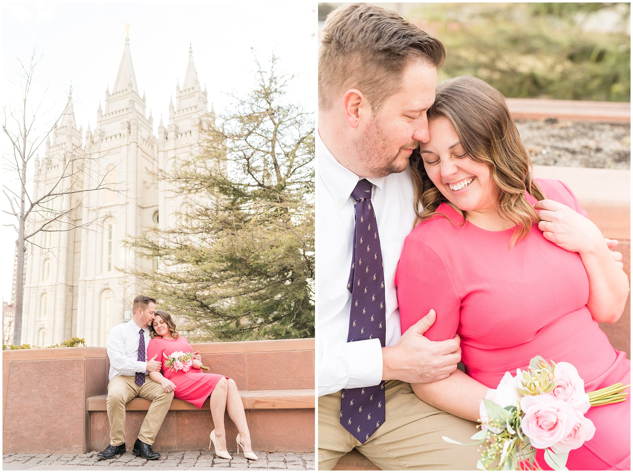 Couple laughs and sits on bench in front of Salt Lake Temple | Salt Lake Temple Sealing | Jessie and Dallin Photography