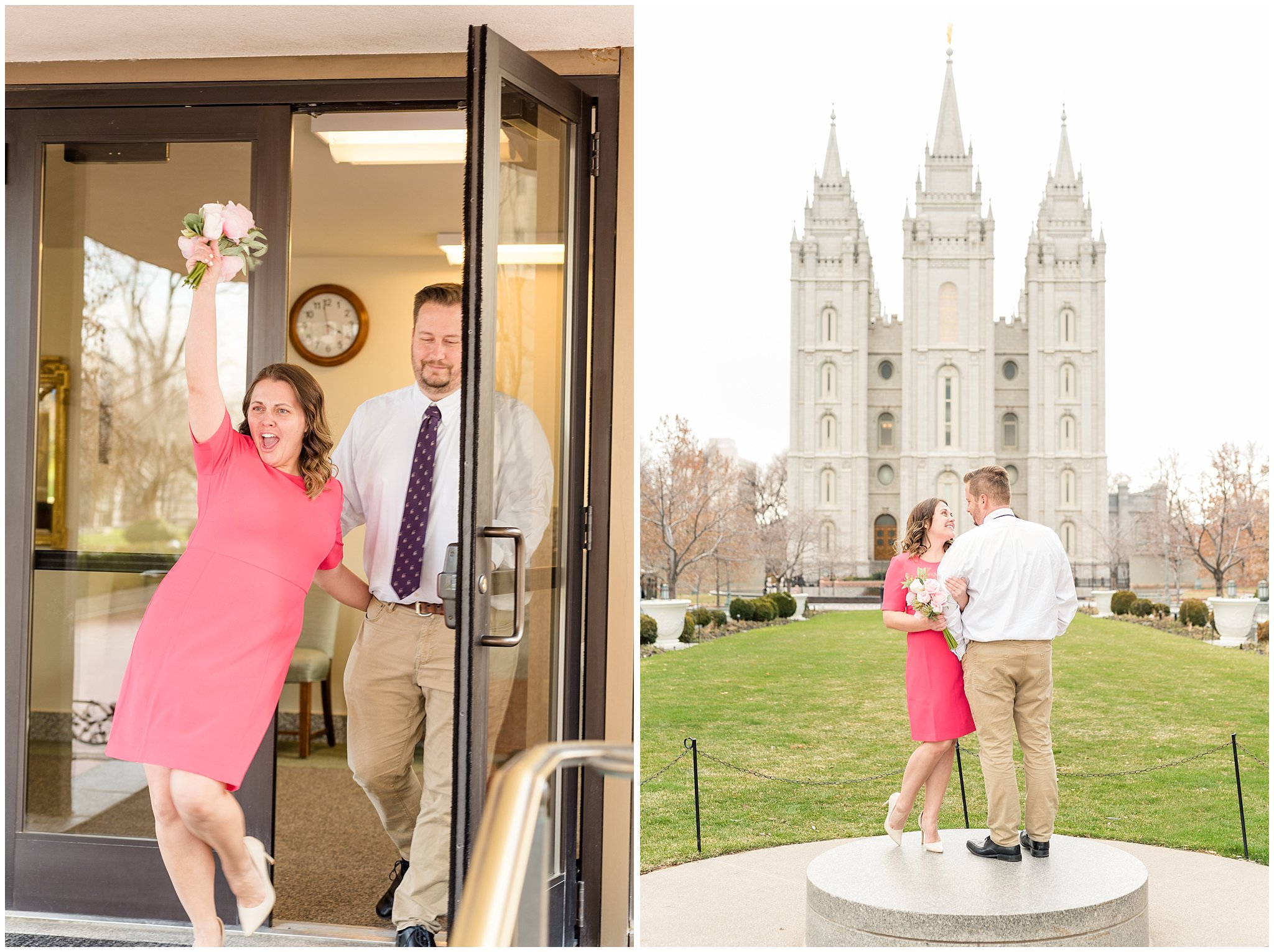 Salt Lake Temple exit excitement and pedestal | Salt Lake Temple Sealing | Jessie and Dallin Photography