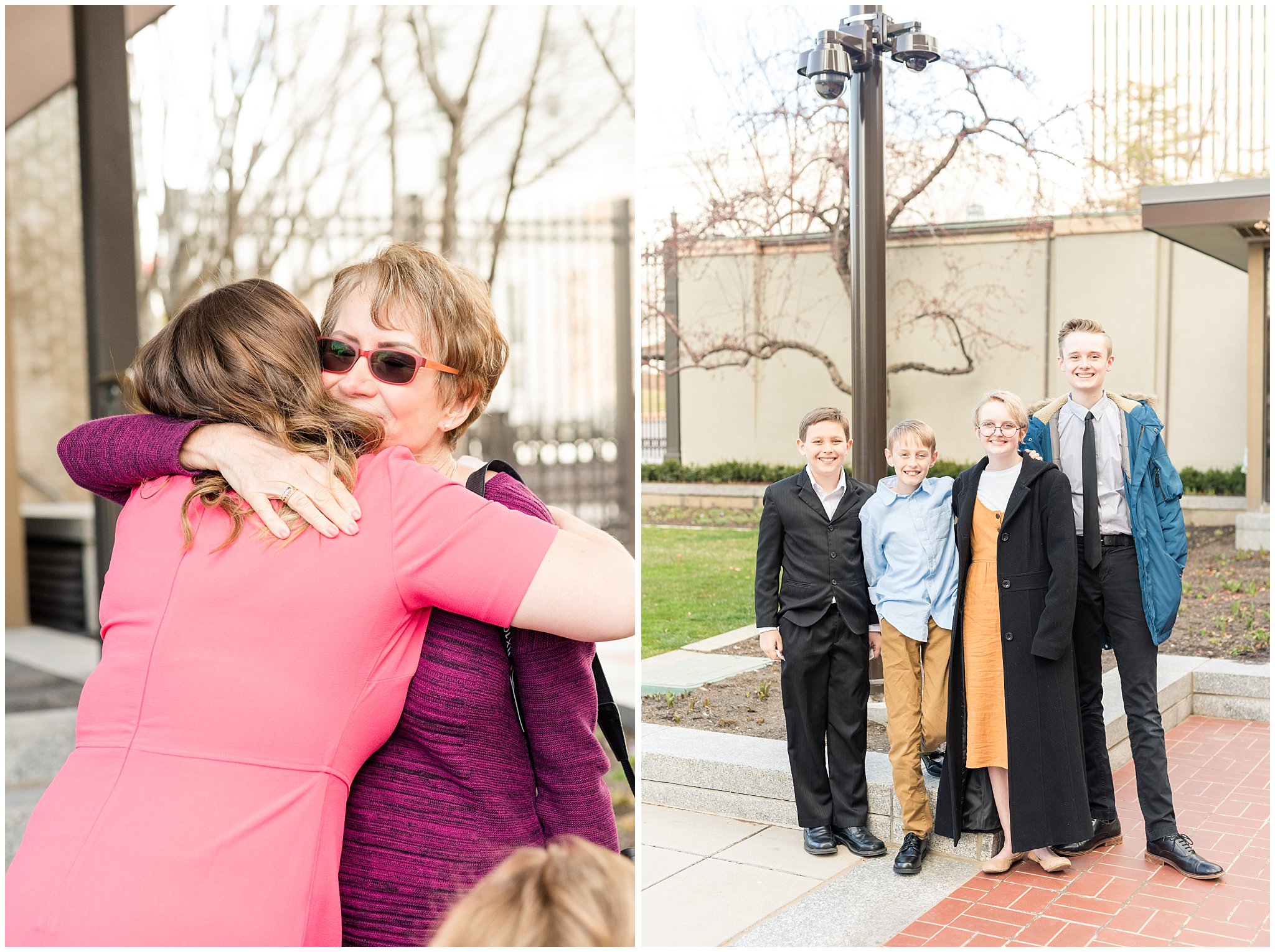 Hugs after temple exit | Salt Lake Temple Sealing | Jessie and Dallin Photography