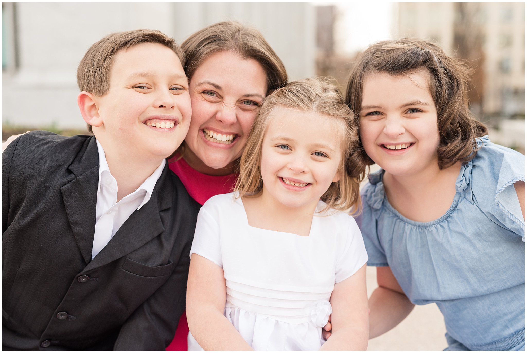 Candid, fun, happy family picture laughing | Salt Lake Temple Sealing | Jessie and Dallin Photography