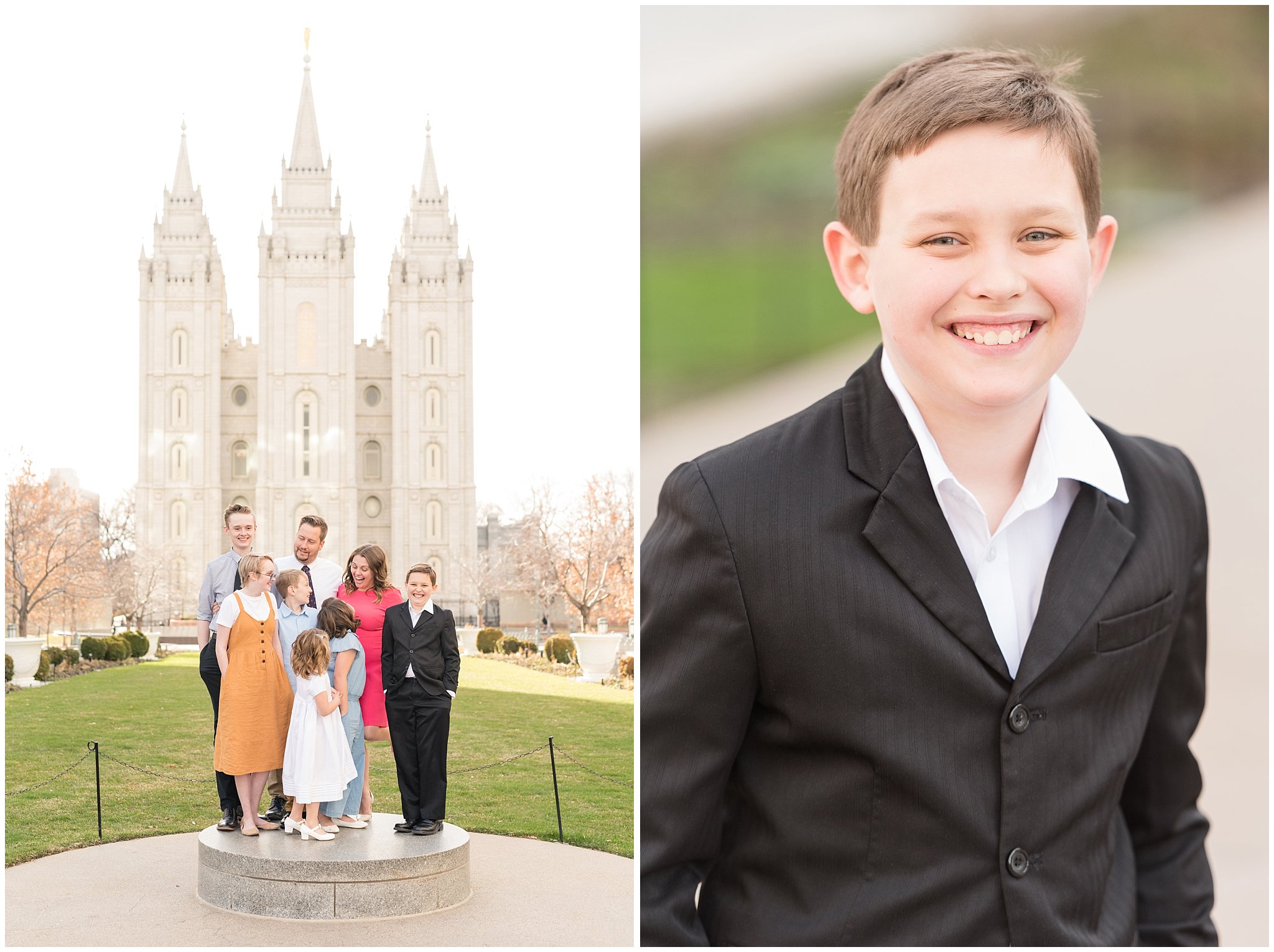 Family photo on Salt Lake Temple pedestal | Salt Lake Temple Sealing | Jessie and Dallin Photography