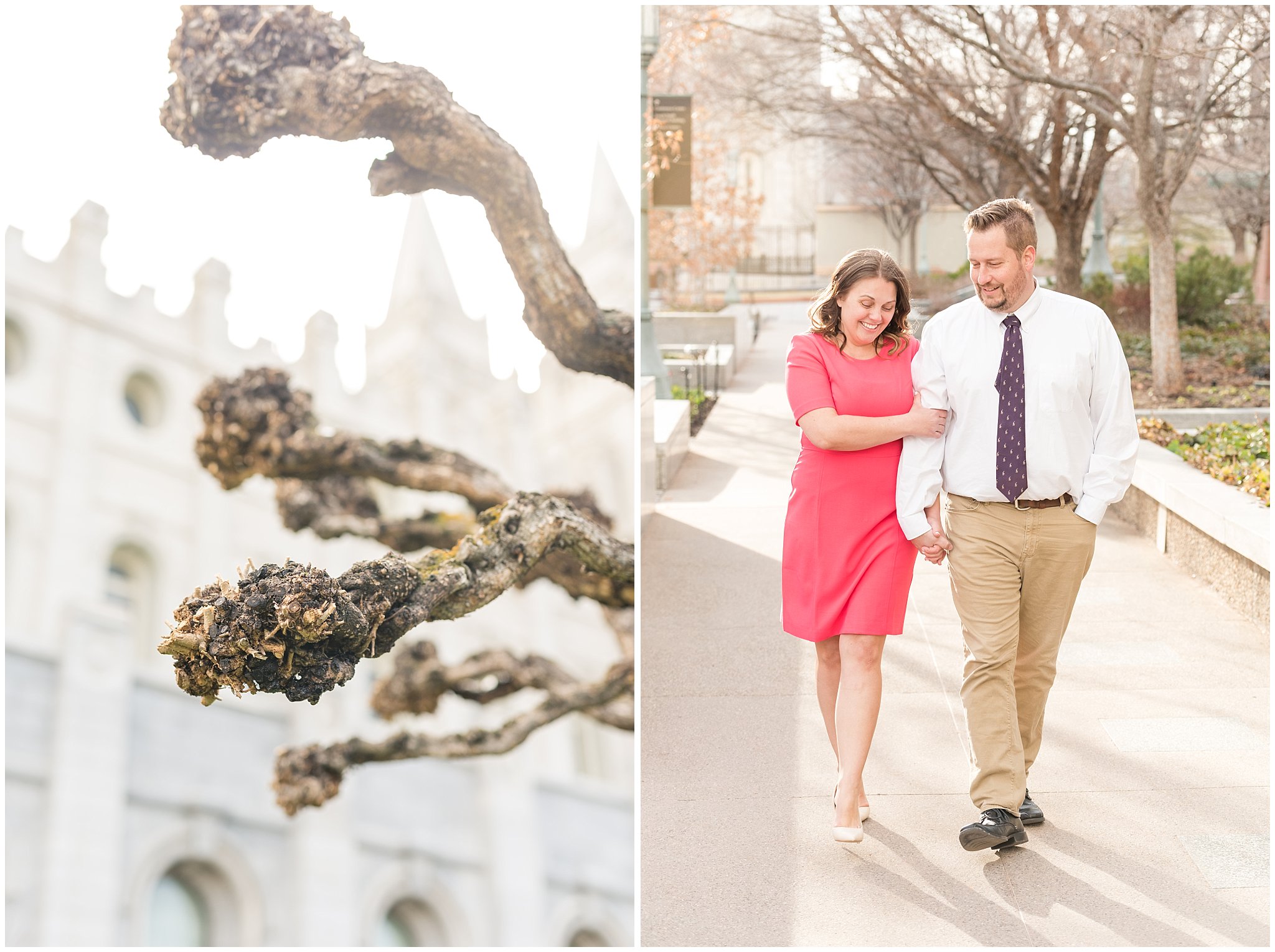 Couple walking and laughing at the Salt Lake Temple | Salt Lake Temple Sealing | Jessie and Dallin Photography