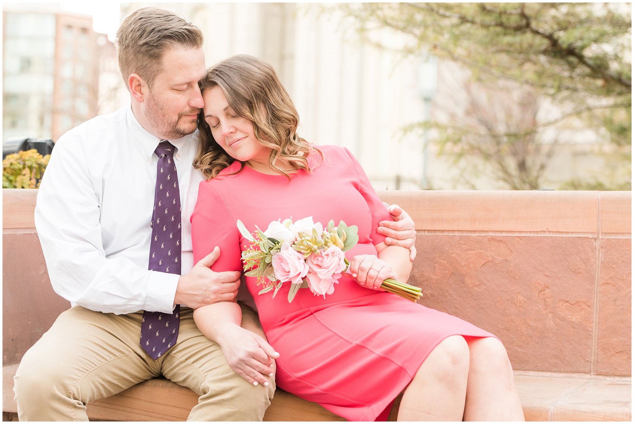 Candid moment with couple sitting on bench at the Salt Lake Temple | Salt Lake Temple Sealing | Jessie and Dallin Photography