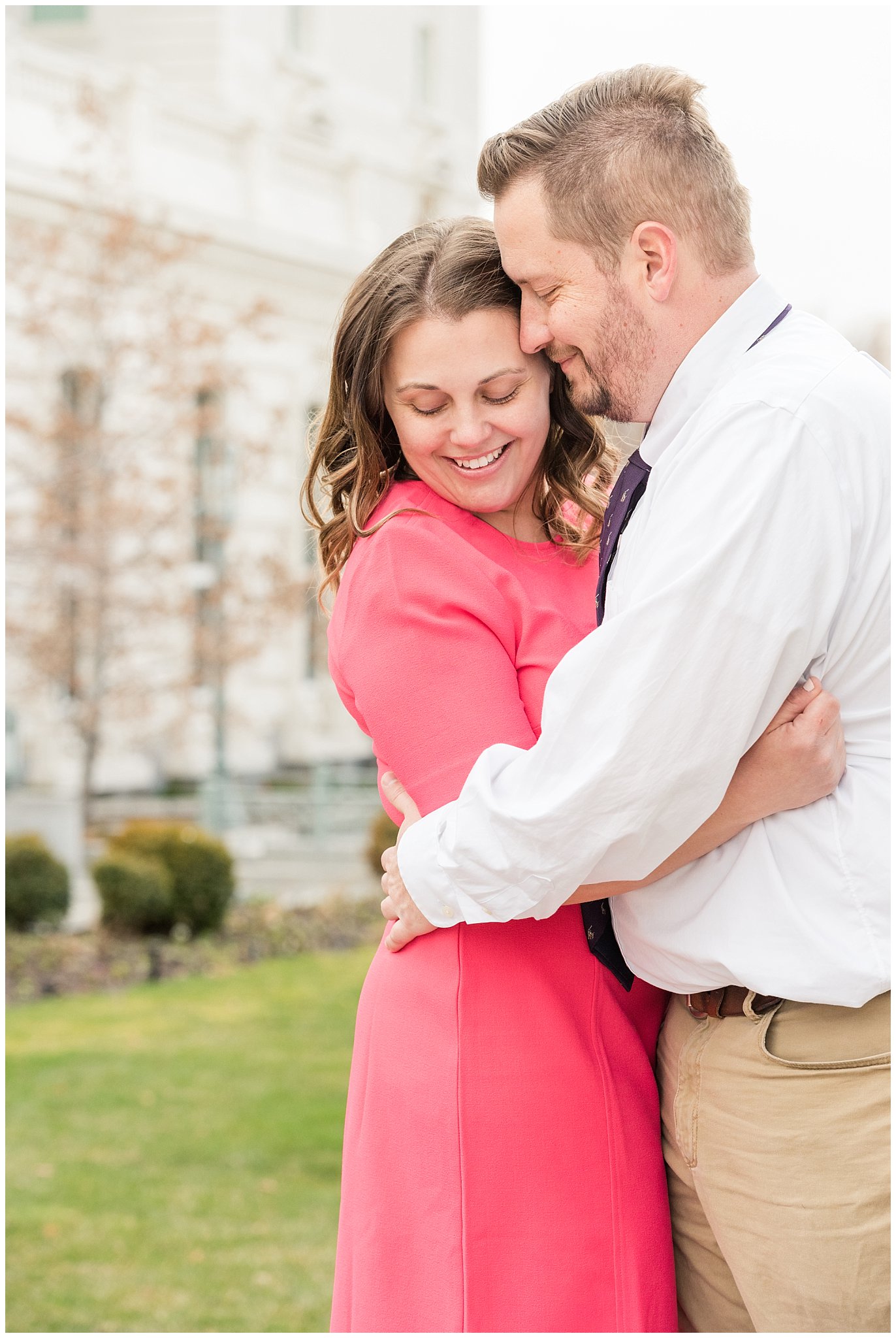 Couple on the pedestal at the temple, candid moment | Salt Lake Temple Sealing | Jessie and Dallin Photography