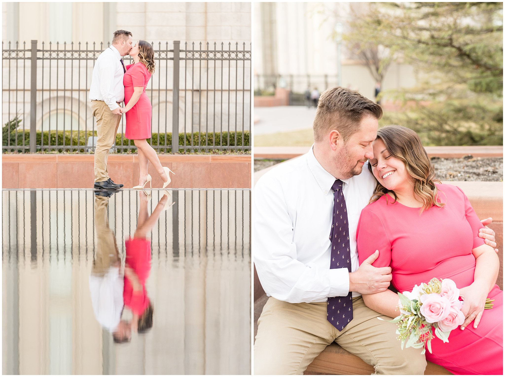 Couple on the reflection pool and sitting on a bench at the Salt Lake Temple | Salt Lake Temple Sealing | Jessie and Dallin Photography