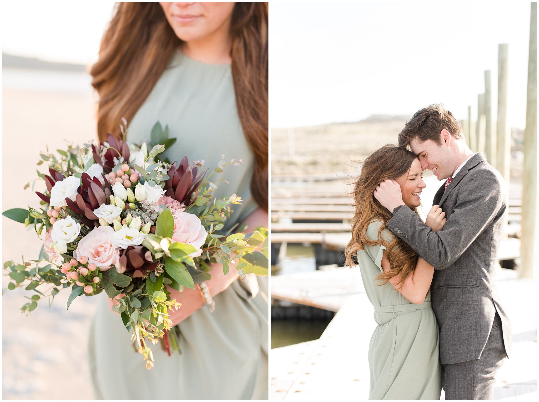 Romantic couple and bouquet at Antelope Island | Antelope Island Engagements | Utah Wedding Photographers | Jessie and Dallin Photography