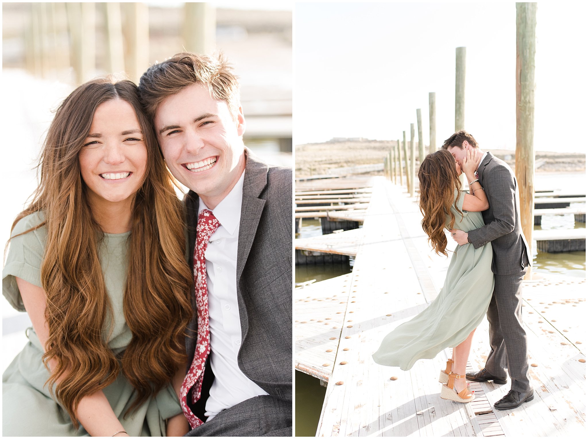 Couple dressed up for Antelope Island Engagement with bouquet | Antelope Island Engagements | Utah Wedding Photographers | Jessie and Dallin Photography