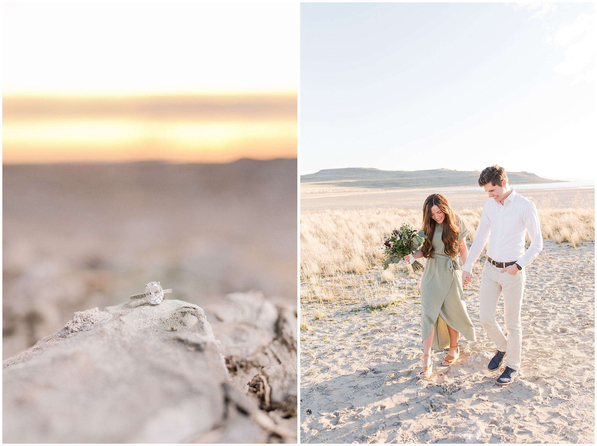 Couple walking on Antelope Island beach | Antelope Island Engagements | Utah Wedding Photographers | Jessie and Dallin Photography