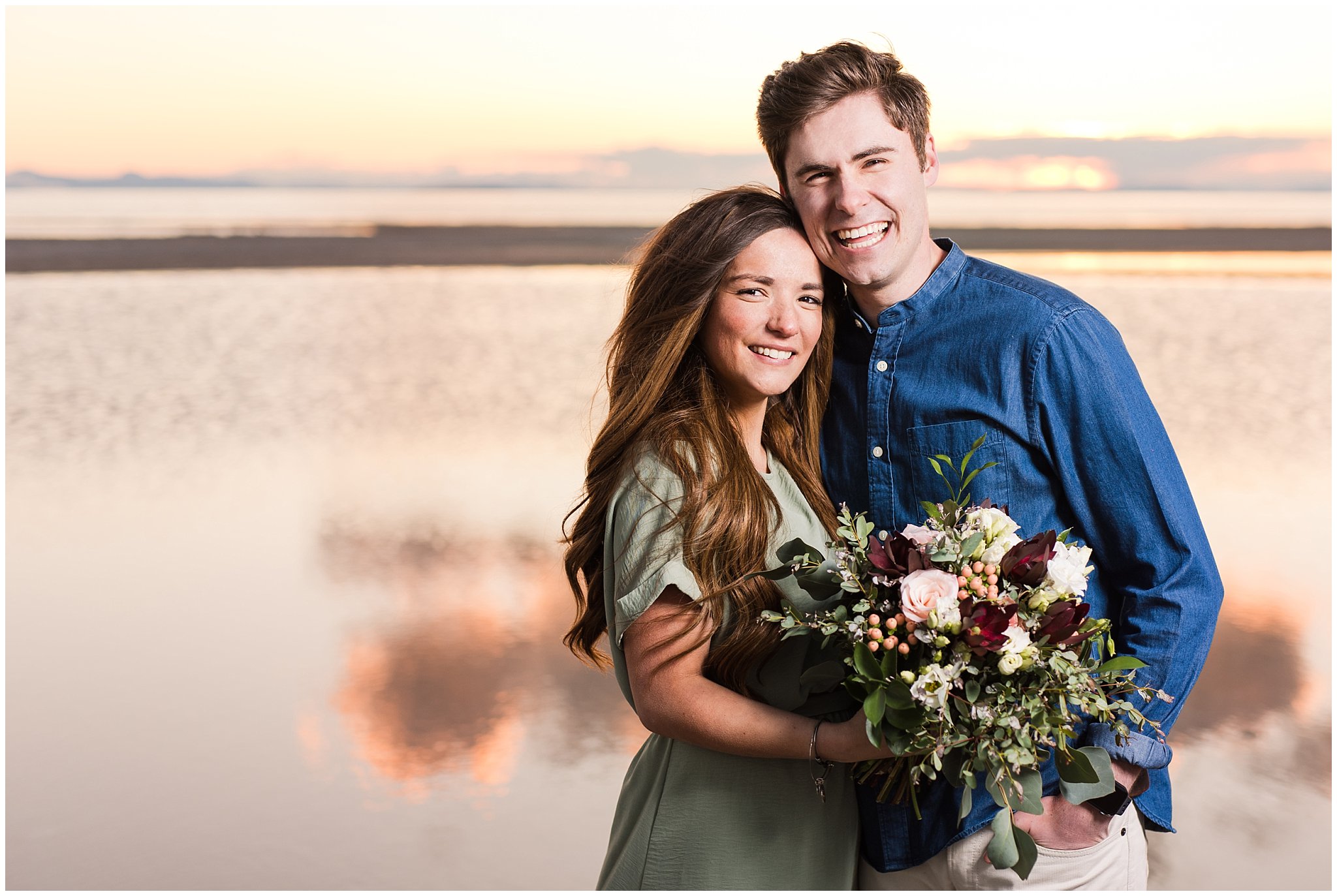 Romantic sunset engagement at Antelope Island in the water | Antelope Island Engagements | Utah Wedding Photographers | Jessie and Dallin Photography