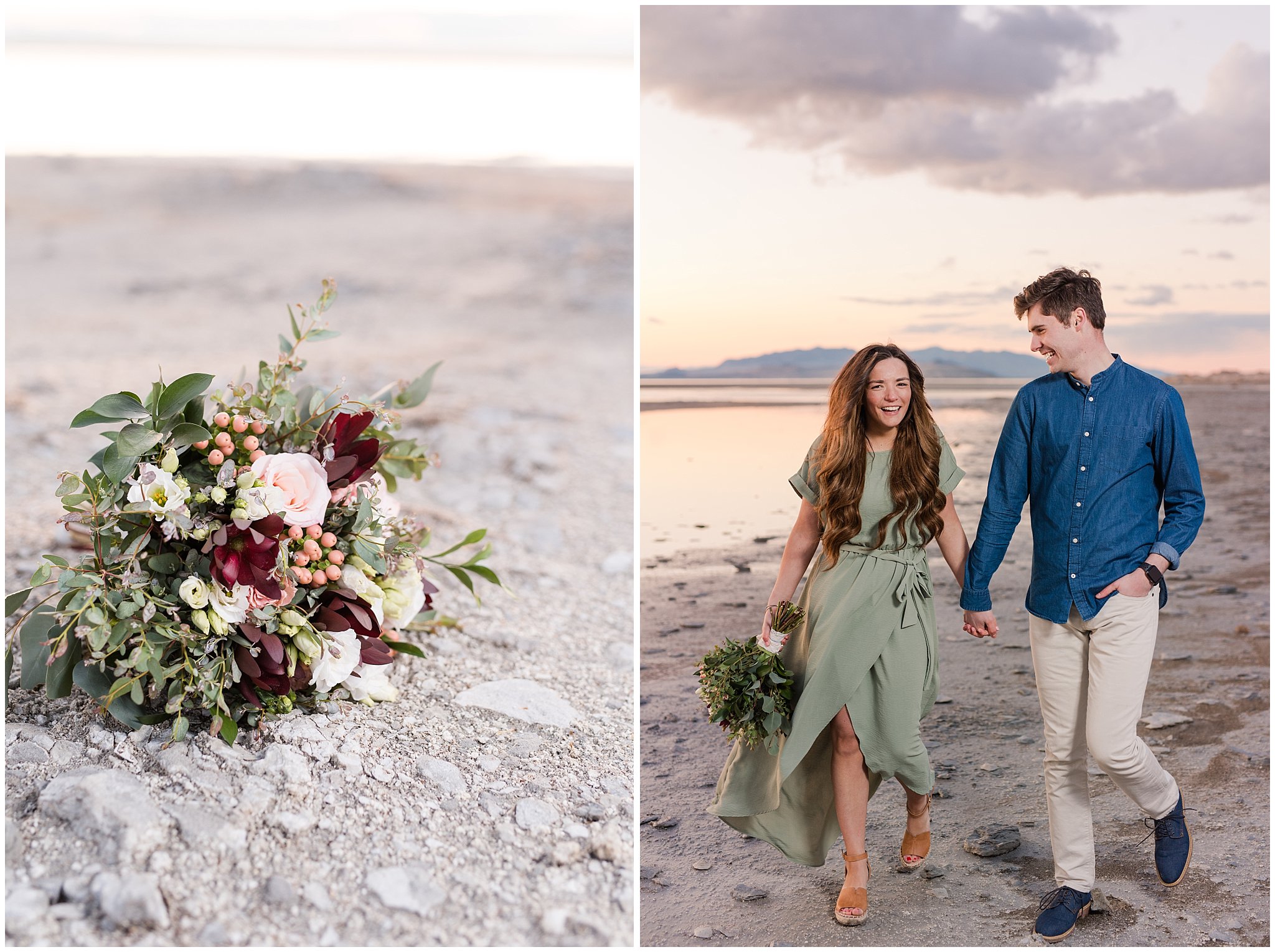 Couple walking on the beach at sunset during Antelope Island Engagement with bouquet | Antelope Island Engagements | Utah Wedding Photographers | Jessie and Dallin Photography