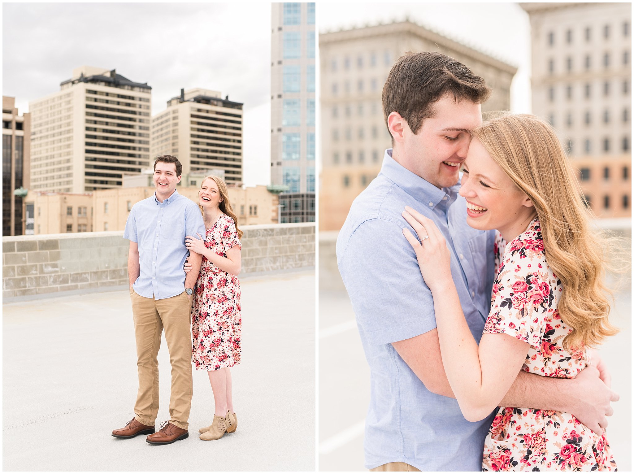 Couple on rooftop | Downtown Salt Lake and Ensign Peak Engagement | Utah Wedding Photographers | Jessie and Dallin Photography