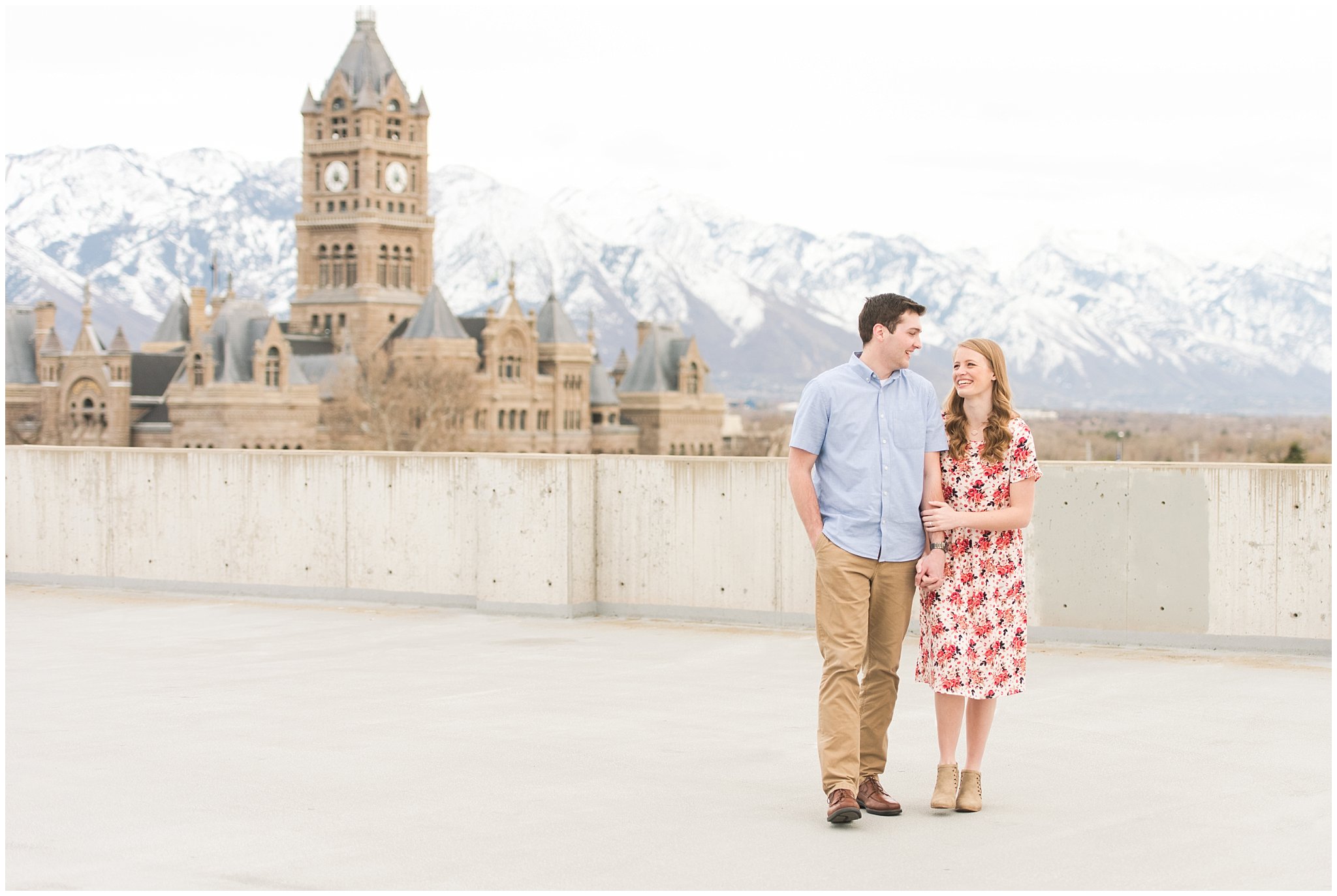 Couple on rooftop | Downtown Salt Lake and Ensign Peak Engagement | Utah Wedding Photographers | Jessie and Dallin Photography