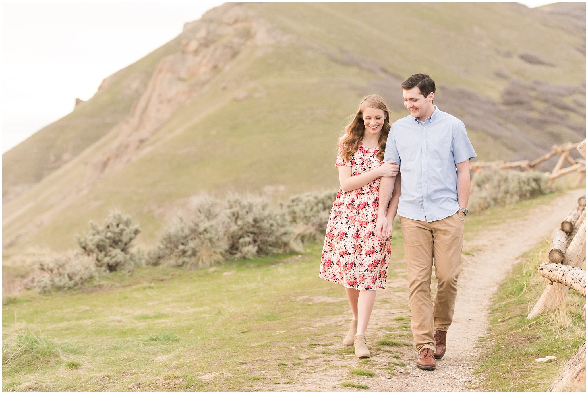 Couple on mountain trail | Downtown Salt Lake and Ensign Peak Engagement | Utah Wedding Photographers | Jessie and Dallin Photography