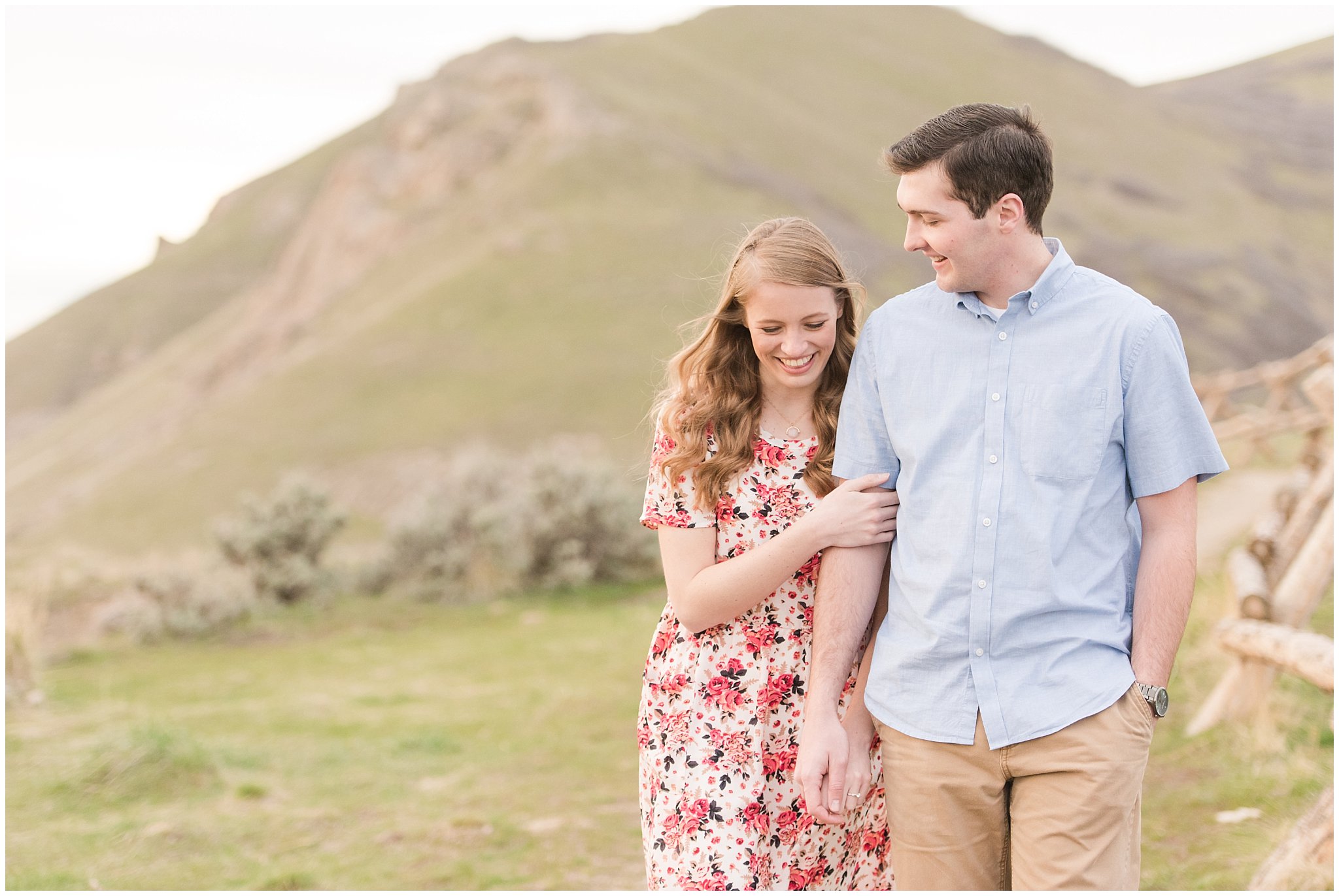 Couple on mountain trail walking | Downtown Salt Lake and Ensign Peak Engagement | Utah Wedding Photographers | Jessie and Dallin Photography