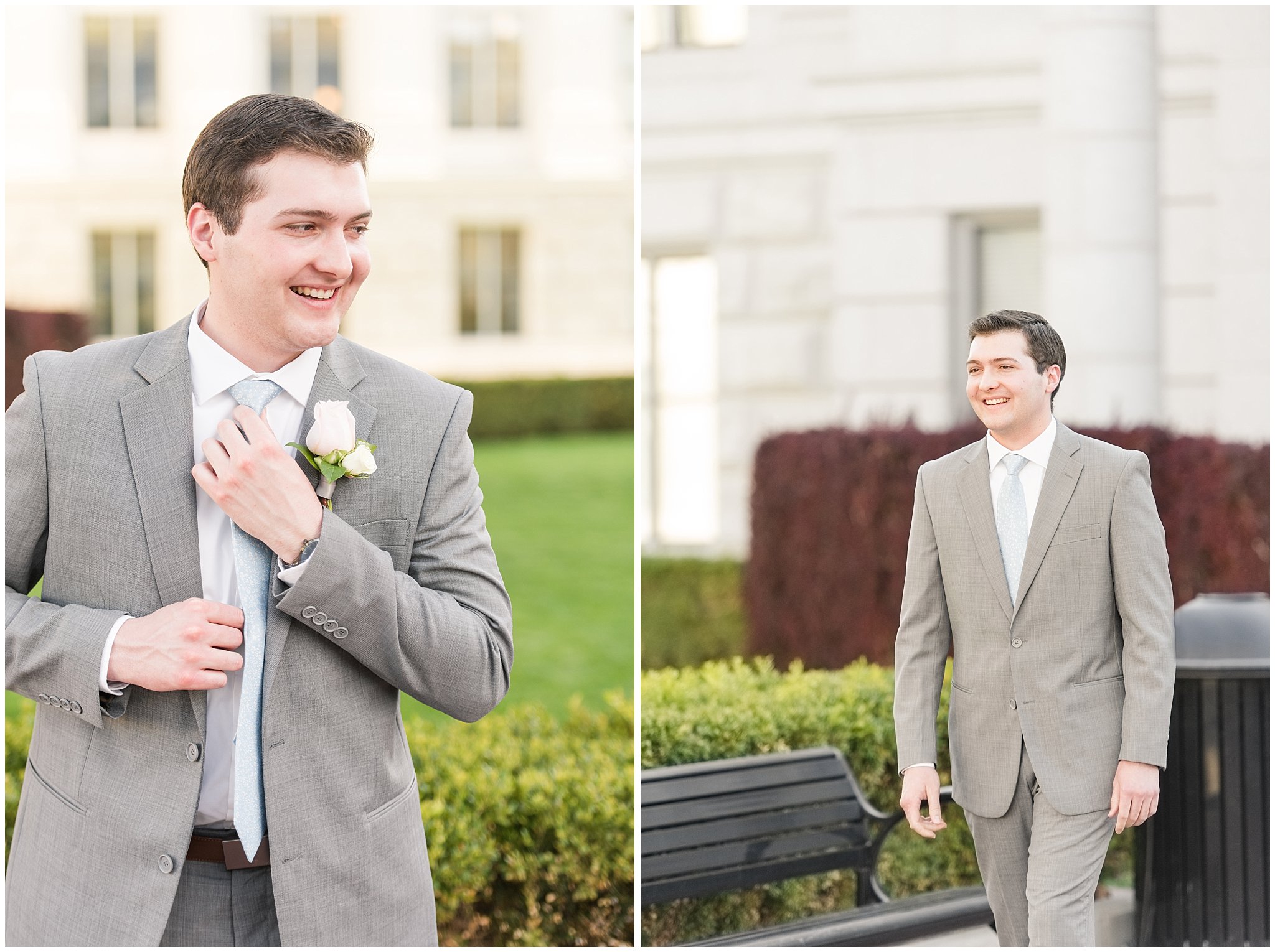 Groom with grey suit in the blossoms | Utah State Capitol Blossoms Formal Session | Salt Lake Wedding Photographers | Jessie and Dallin Photography