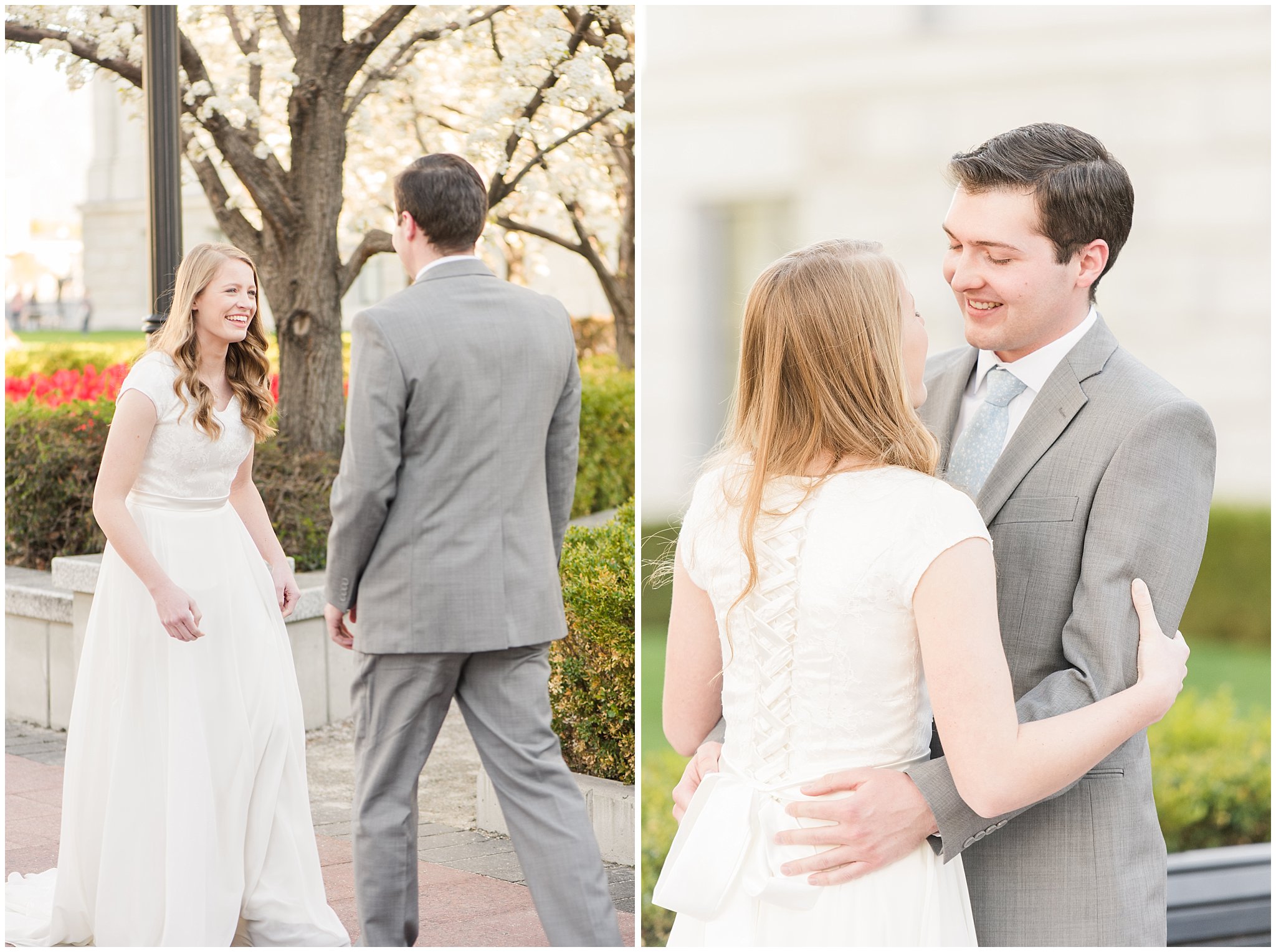 Bride with blush bouquet and groom with grey suit in the blossoms for first look | Utah State Capitol Blossoms Formal Session | Salt Lake Wedding Photographers | Jessie and Dallin Photography