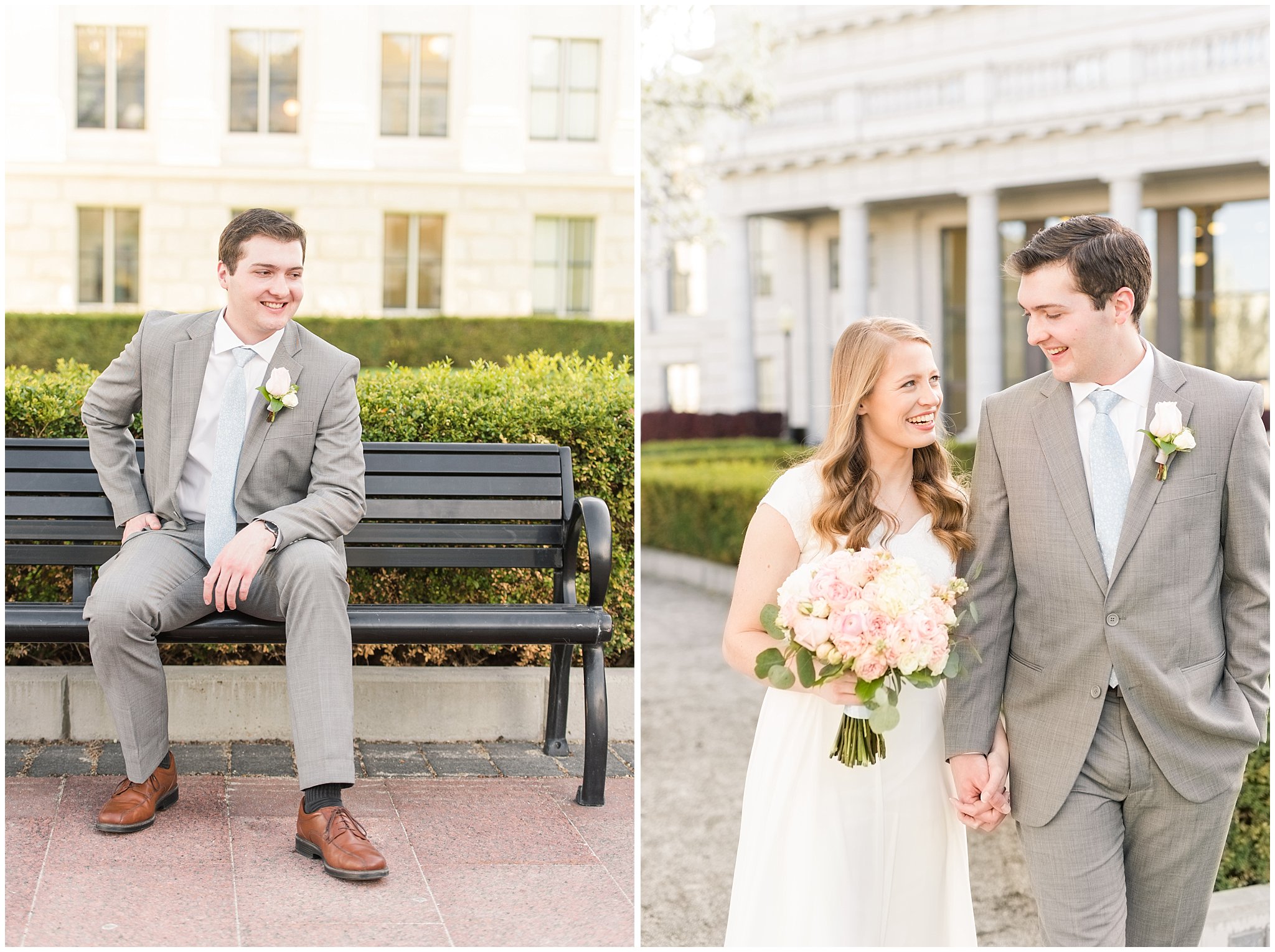 Bride with blush bouquet and groom with grey suit in the blossoms | Utah State Capitol Blossoms Formal Session | Salt Lake Wedding Photographers | Jessie and Dallin Photography