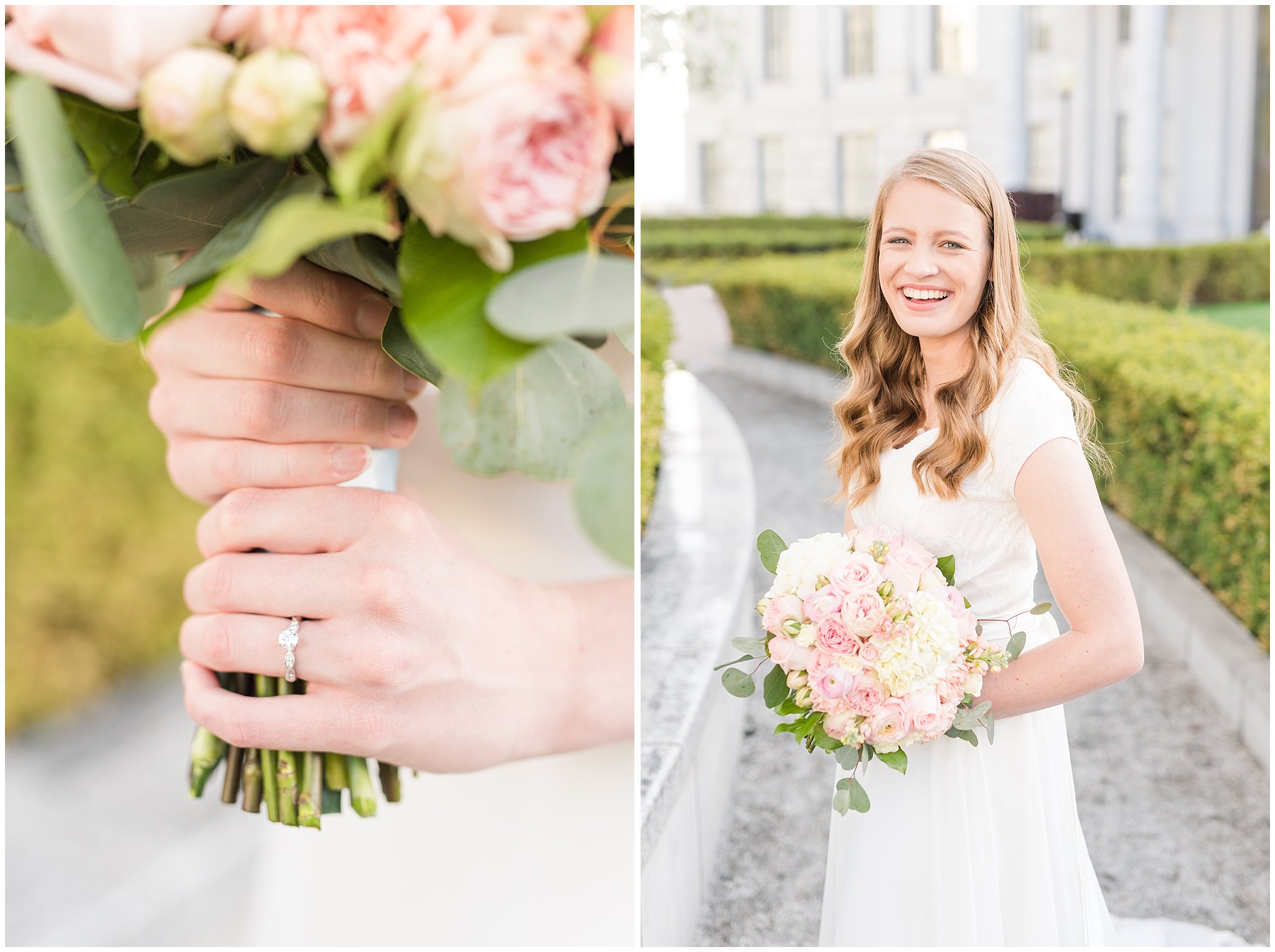 Bride with blush bouquet in the blossoms | Utah State Capitol Blossoms Formal Session | Salt Lake Wedding Photographers | Jessie and Dallin Photography