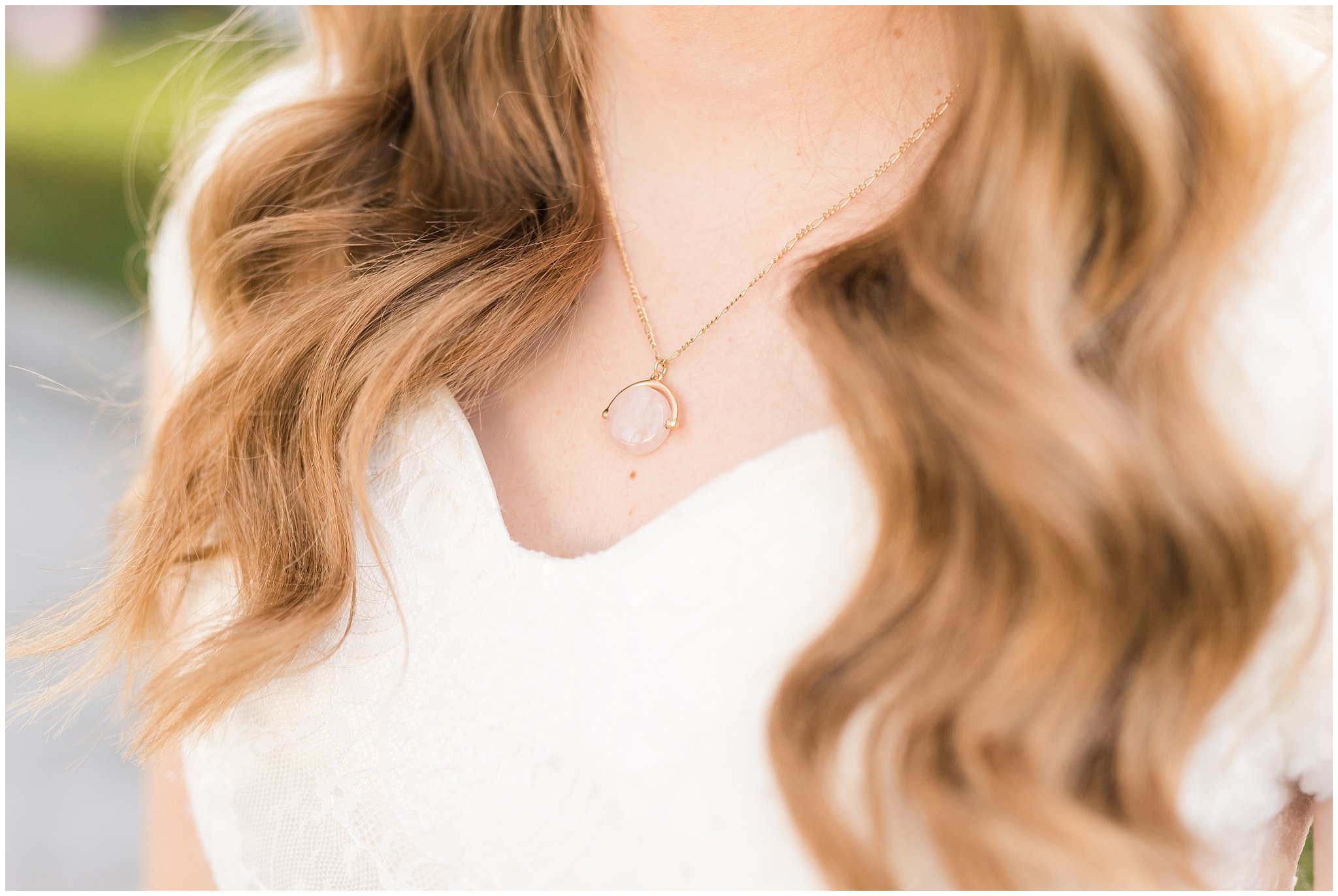 Detail shot of bride's blush and gold necklace | Utah State Capitol Blossoms Formal Session | Salt Lake Wedding Photographers | Jessie and Dallin Photography