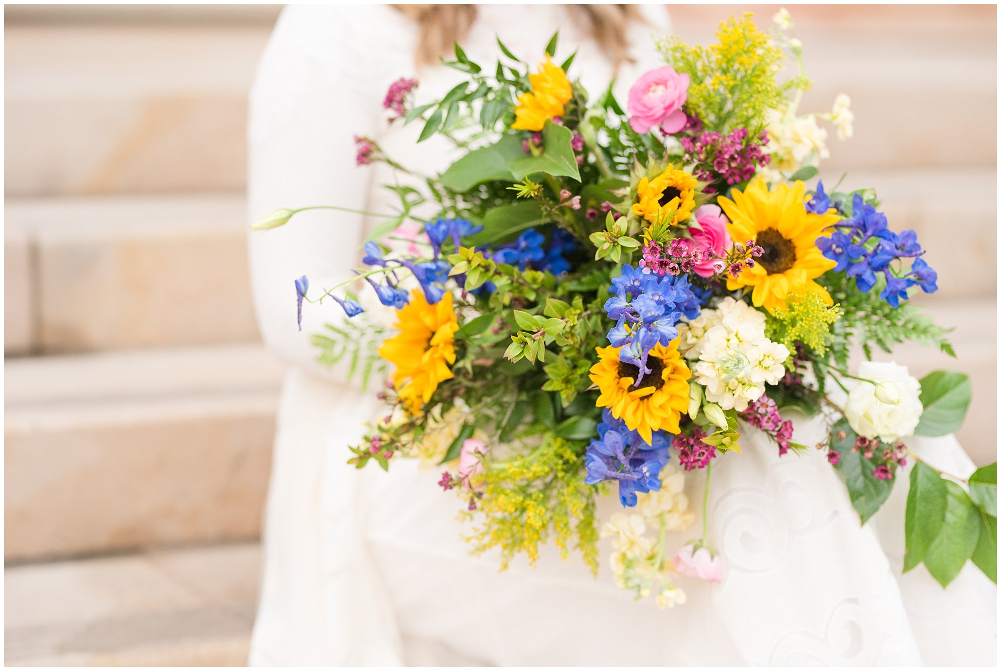 Multi-color wedding bouquet | Emerald green, gold wedding colors | Provo City Center Temple Spring Formal Session | Jessie and Dallin Photography