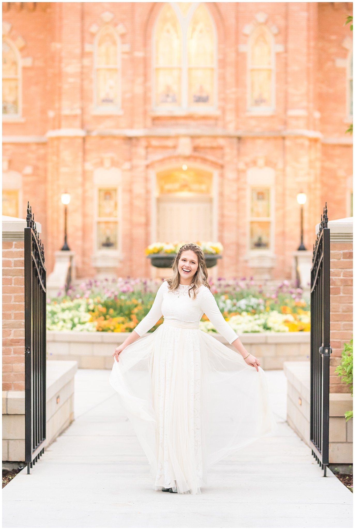 Bride wearing flowy dress for vintage inspired wedding attire | Emerald green, gold wedding colors | Provo City Center Temple Spring Formal Session | Jessie and Dallin Photography