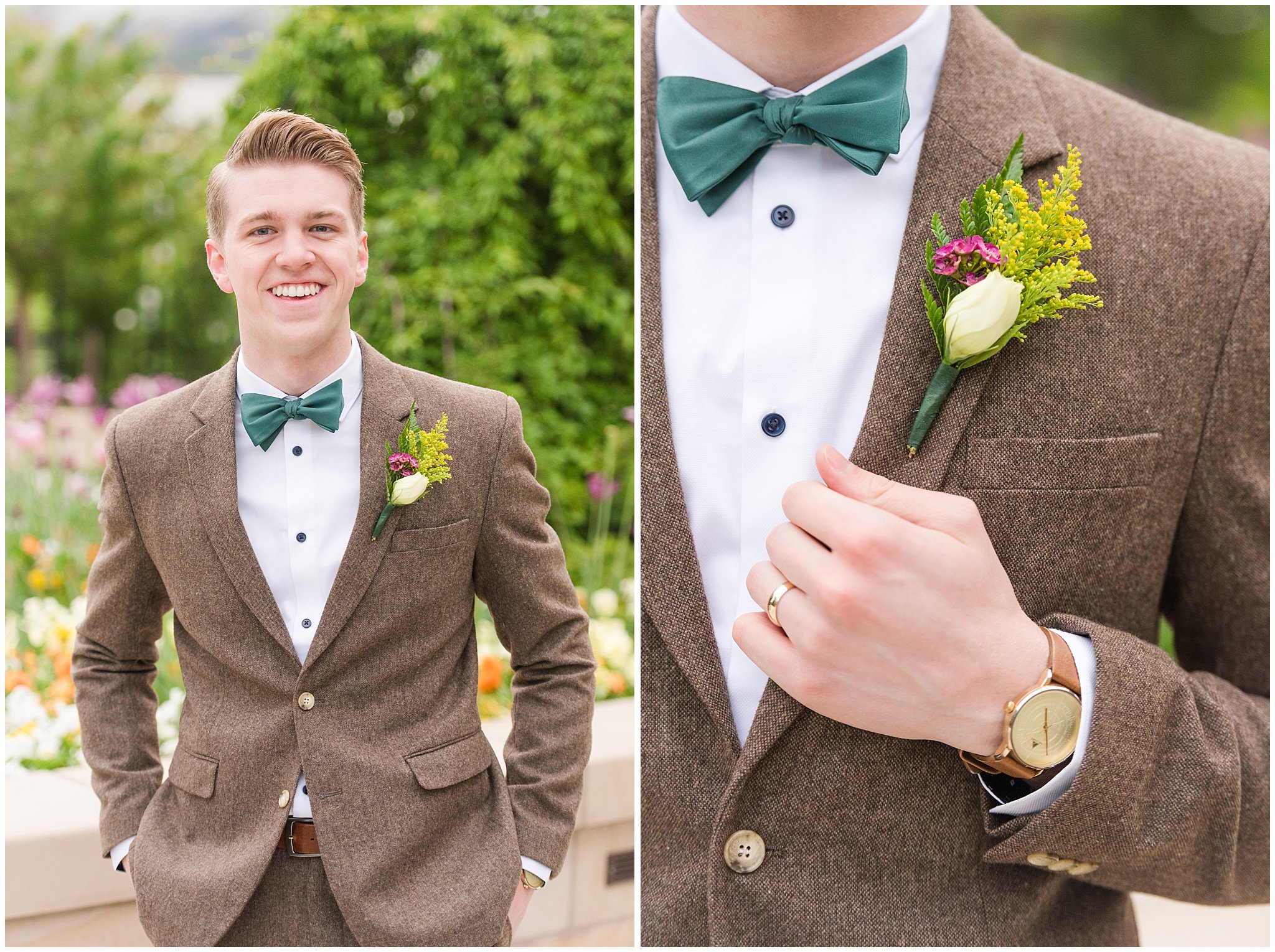 Groom wearing tweed suit and green bow tie for vintage inspired wedding attire | Emerald green, gold wedding colors | Provo City Center Temple Spring Formal Session | Jessie and Dallin Photography