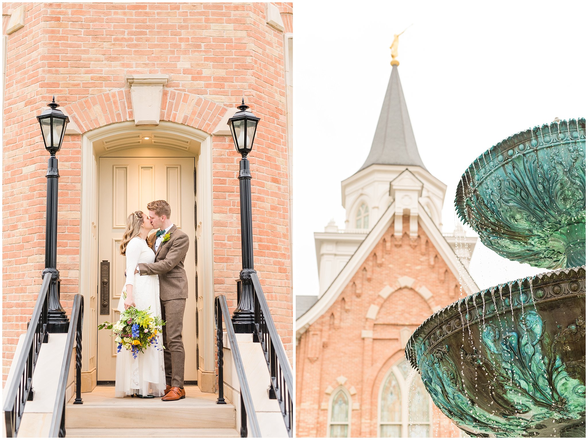 Bride wearing flowy dress and groom wearing tweed suit and green bow tie for vintage inspired wedding attire | Emerald green, gold wedding colors | Provo City Center Temple Spring Formal Session | Jessie and Dallin Photography