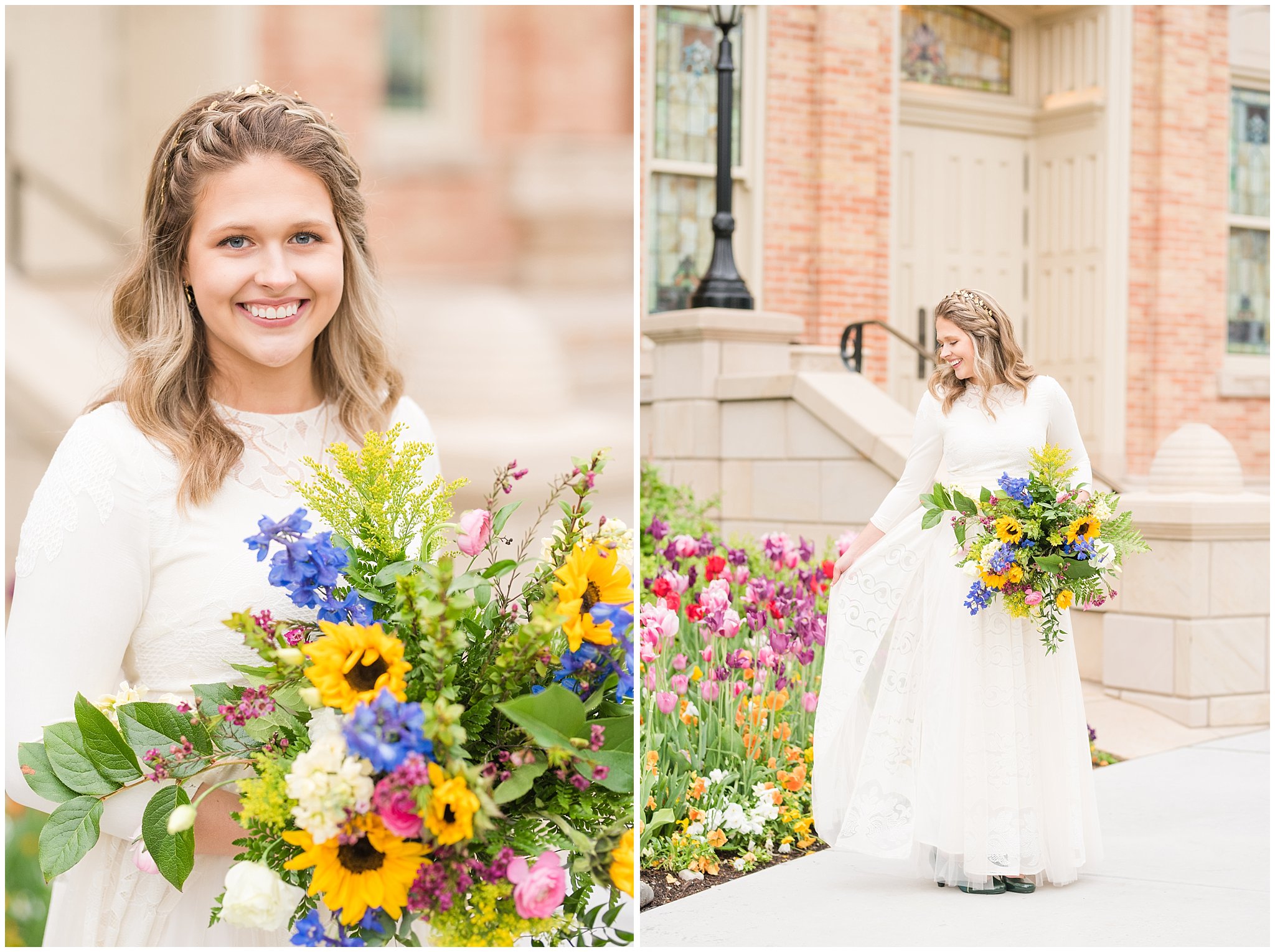 Bride wearing flowy dress with colorful bouquet for vintage inspired wedding attire | Emerald green, gold wedding colors | Provo City Center Temple Spring Formal Session | Jessie and Dallin Photography