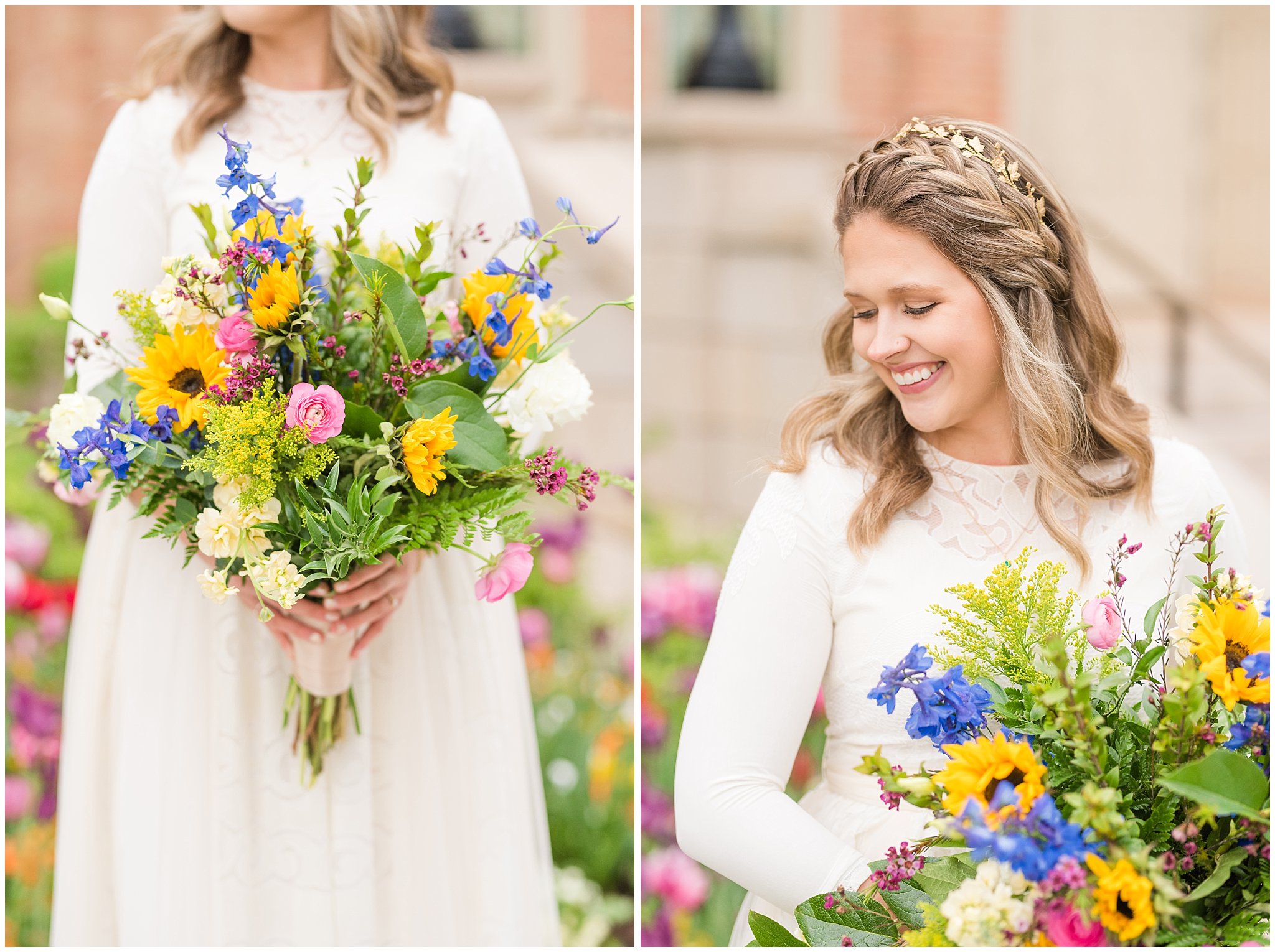 Bride wearing flowy dress with colorful bouquet for vintage inspired wedding attire | Emerald green, gold wedding colors | Provo City Center Temple Spring Formal Session | Jessie and Dallin Photography