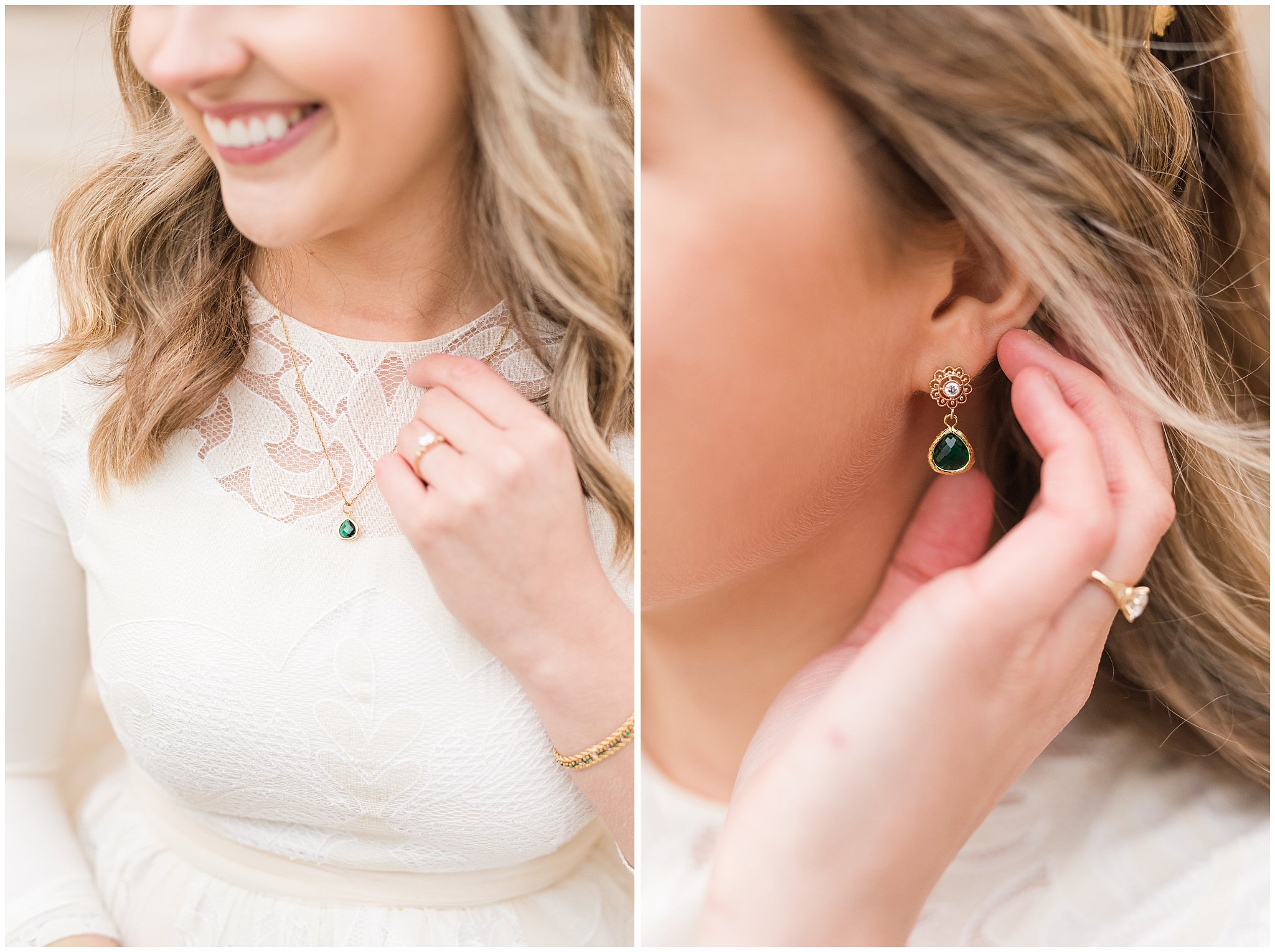Bride wearing emerald green and gold jewelry for vintage inspired wedding attire | Emerald green, gold wedding colors | Provo City Center Temple Spring Formal Session | Jessie and Dallin Photography