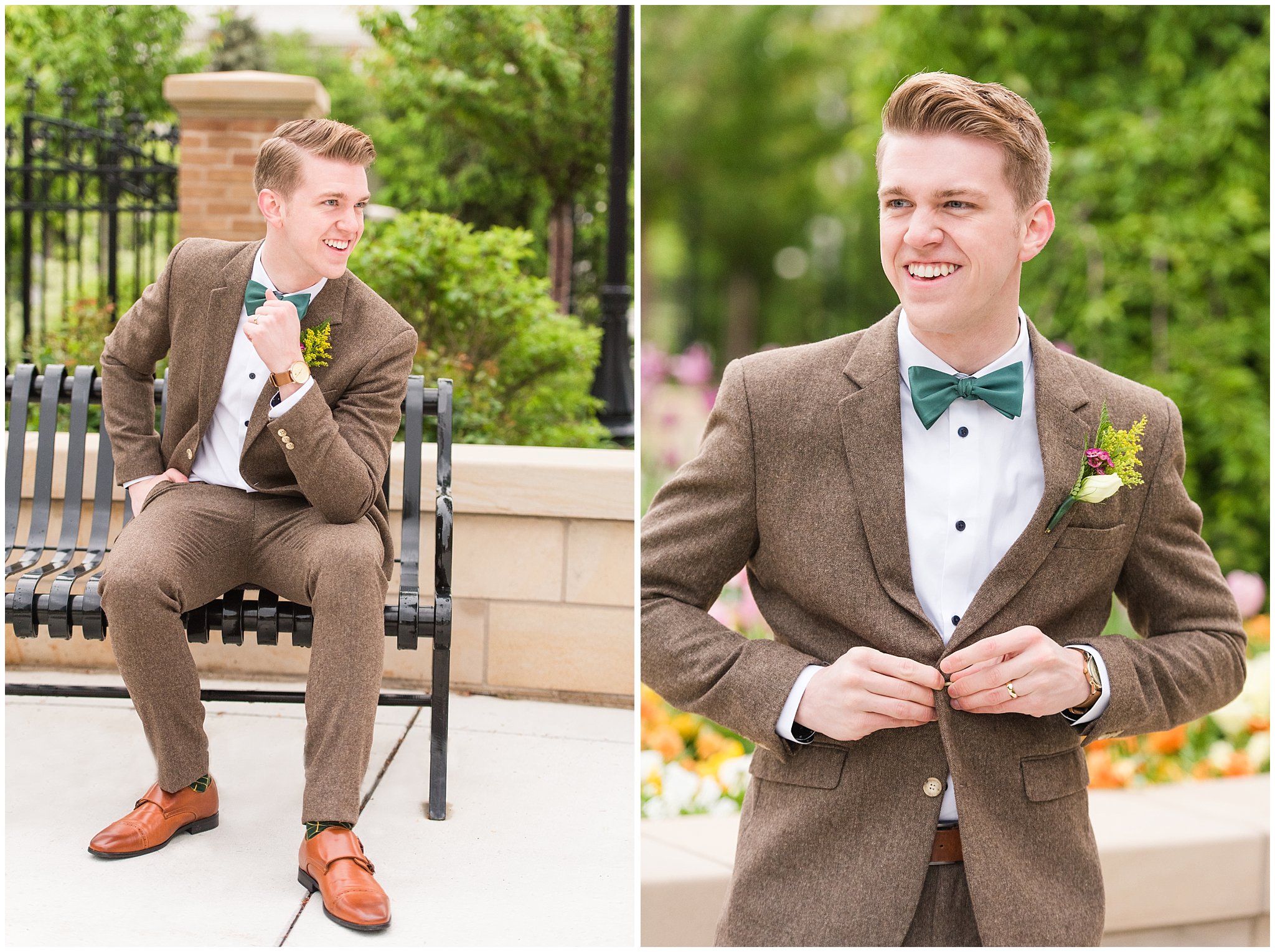 Groom wearing tweed suit and green bow tie for vintage inspired wedding attire | Emerald green, gold wedding colors | Provo City Center Temple Spring Formal Session | Jessie and Dallin Photography