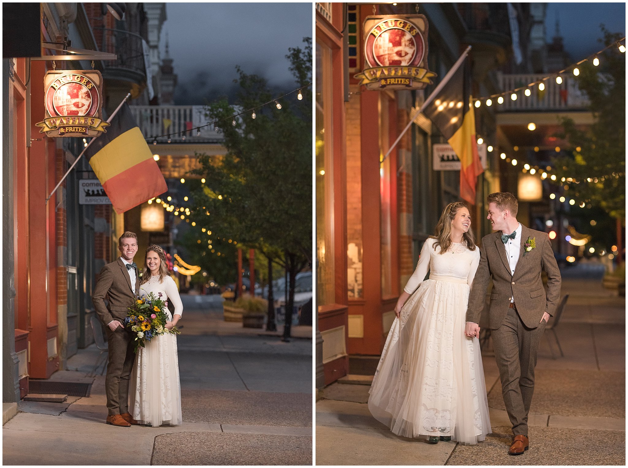 Bride wearing flowy dress and groom wearing tweed suit and green bow tie for vintage inspired wedding attire | Bruges Waffles at night | Provo City Center Temple Spring Formal Session | Jessie and Dallin Photography
