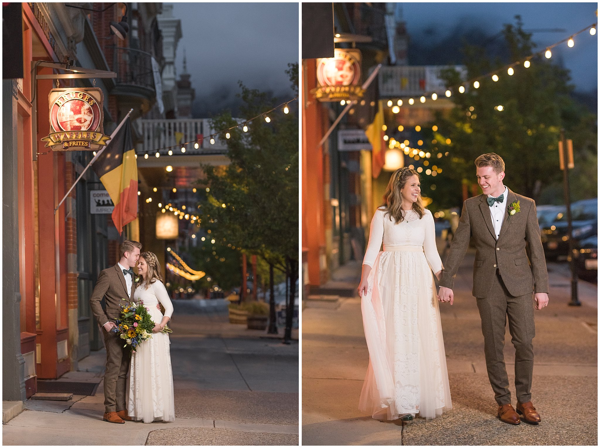 Bride wearing flowy dress and groom wearing tweed suit and green bow tie for vintage inspired wedding attire | Bruges Waffles at night | Provo City Center Temple Spring Formal Session | Jessie and Dallin Photography