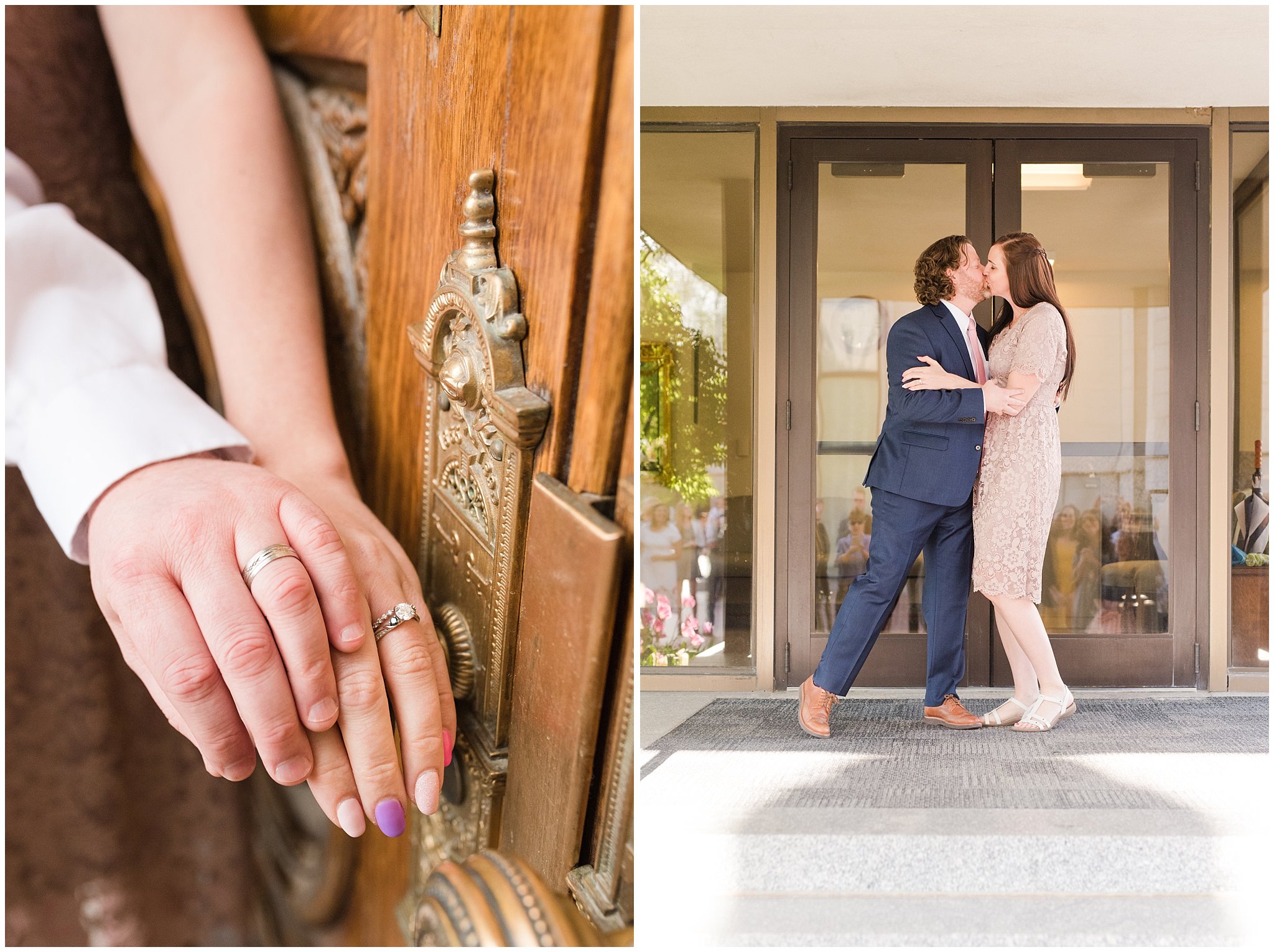Couple in blue suit and blush dress after spring temple sealing | Sealing at the Salt Lake Temple and Grand America | Jessie and Dallin Photography