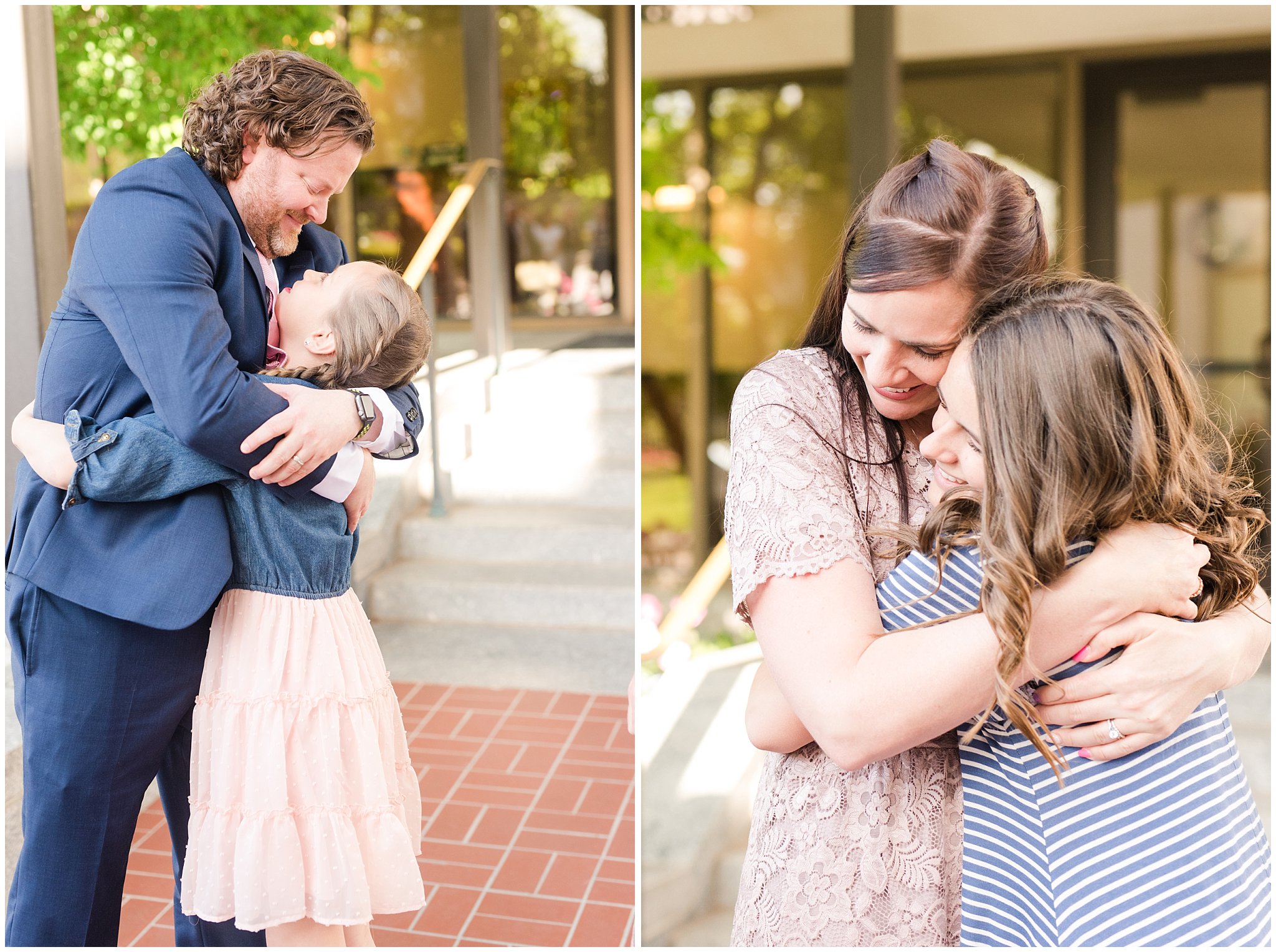 Couple in blue suit and blush dress hugging kids after spring temple sealing | Sealing at the Salt Lake Temple and Grand America | Jessie and Dallin Photography