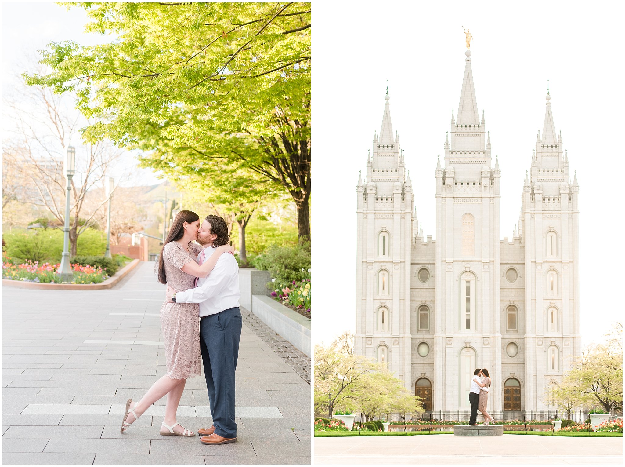 Couple in blue suit and blush dress after spring temple sealing | Sealing at the Salt Lake Temple and Grand America | Jessie and Dallin Photography
