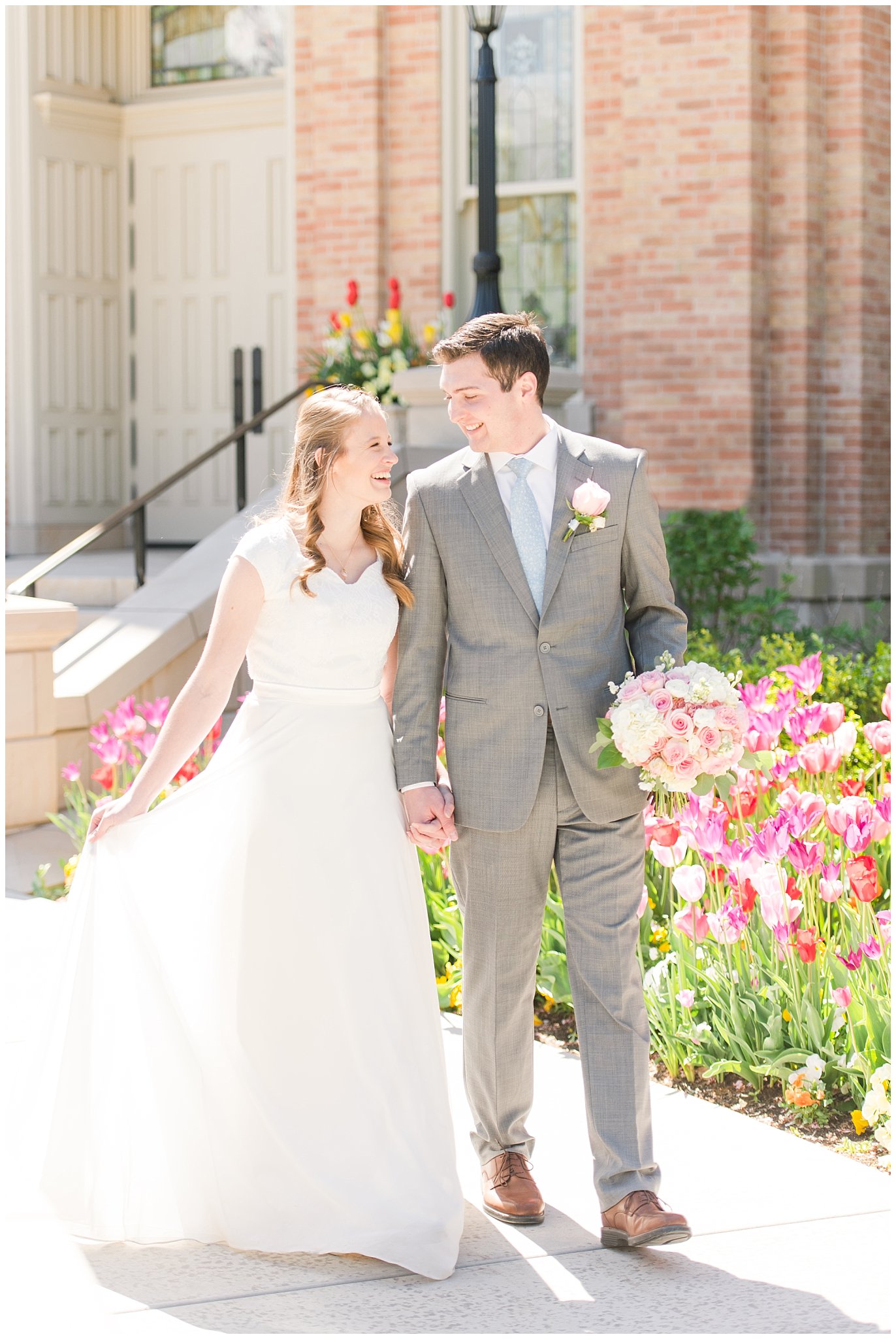 Bride and groom at Provo City Center temple with grey, blush, and light blue wedding colors | Spring Provo City Center Temple Wedding | Utah Wedding Photographers | Jessie and Dallin Photography