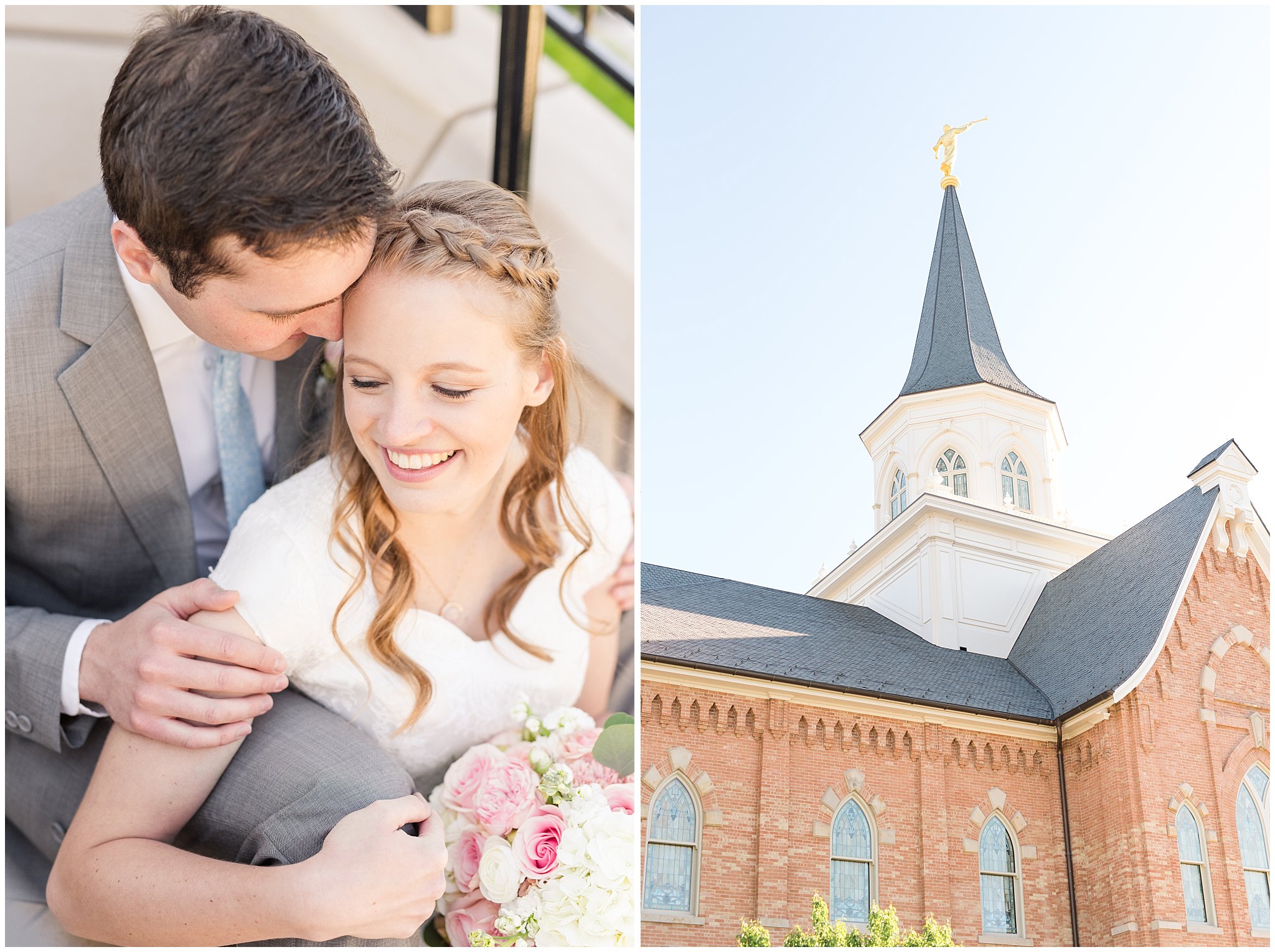 Bride and groom at Provo City Center temple with grey, blush, and light blue wedding colors | Spring Provo City Center Temple Wedding | Utah Wedding Photographers | Jessie and Dallin Photography