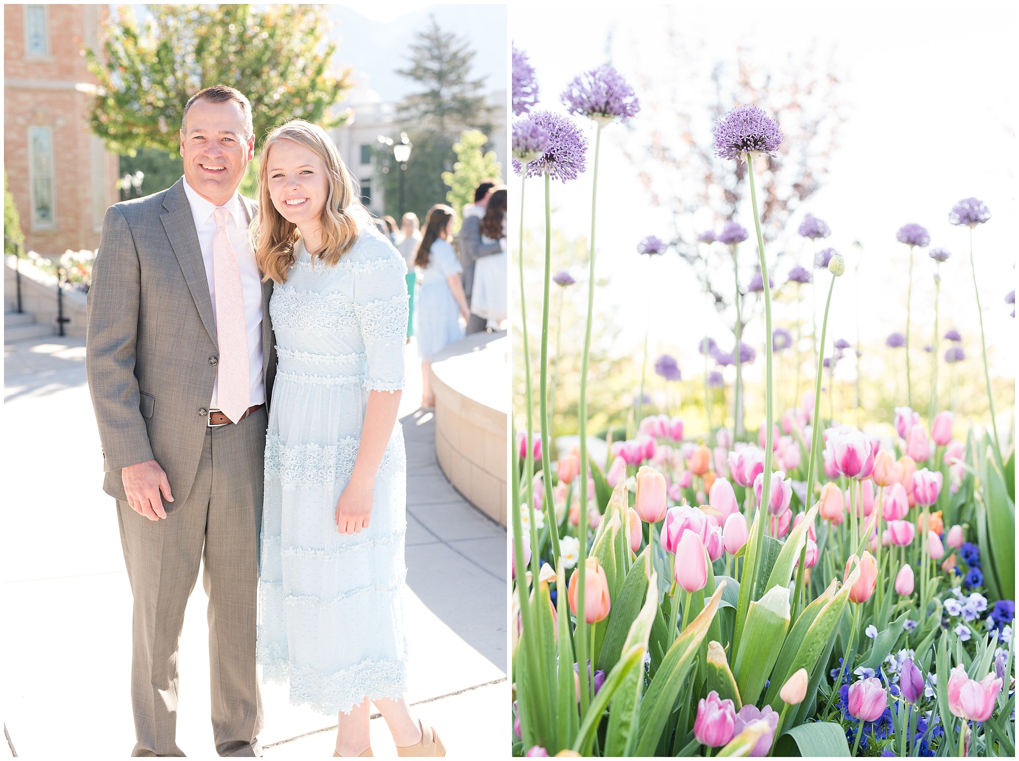 Wedding guests at Provo City Center temple with grey, blush, and light blue wedding colors | Spring Provo City Center Temple Wedding | Utah Wedding Photographers | Jessie and Dallin Photography